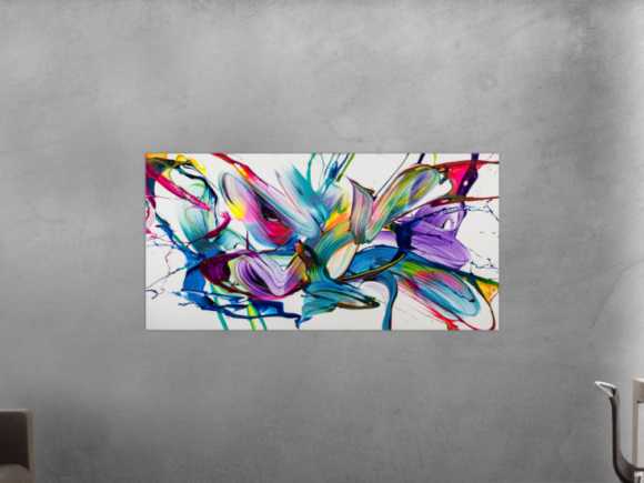 Abstraktes Original Gemälde 80x160cm Action Painting expressionistisch handgemalt Mischtechnik weiß bunt hellblau hochwertig