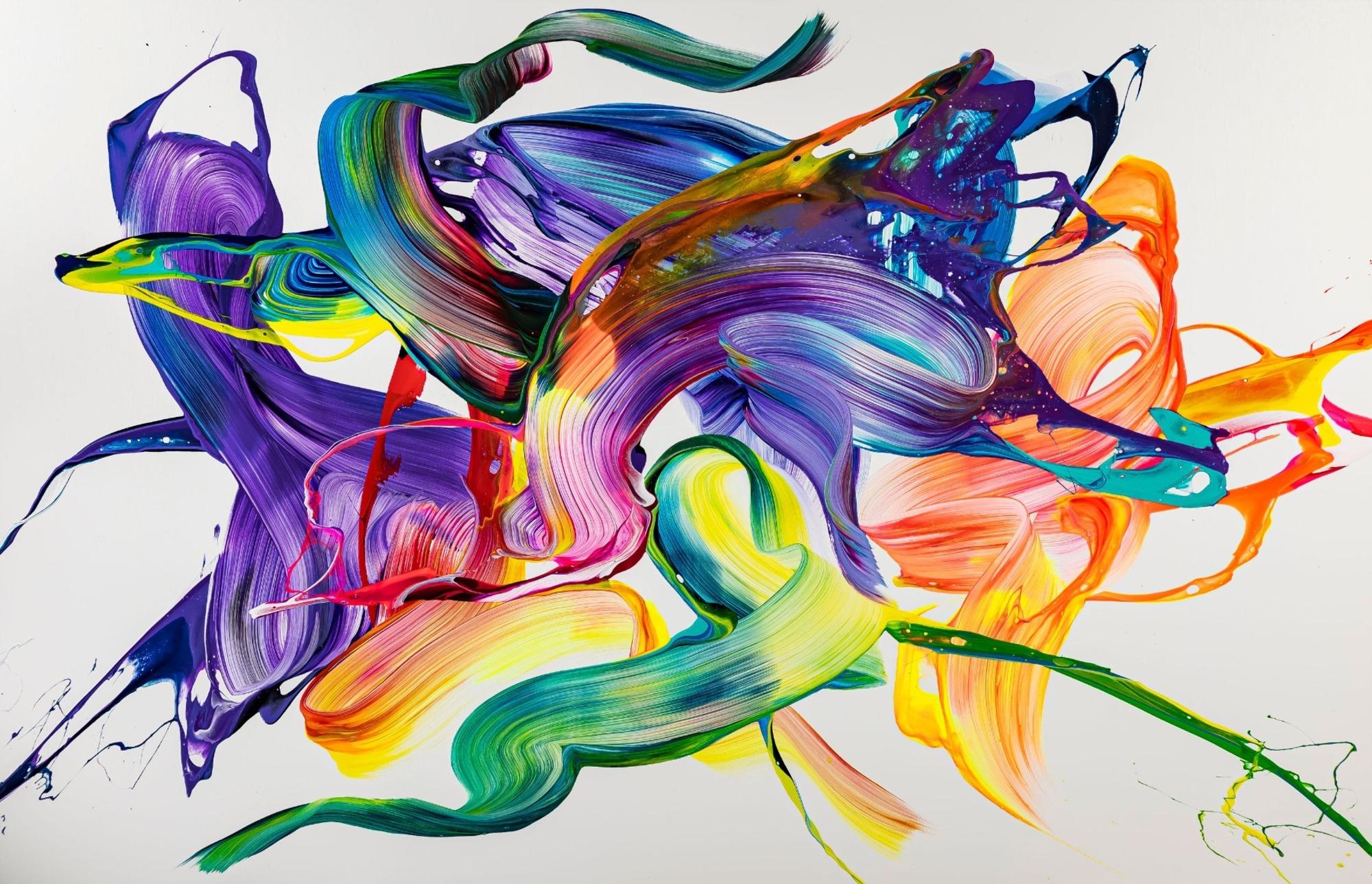 Abstraktes Original-Gemälde 130x200cm - Violett & Bunt Action Painting auf Leinwand