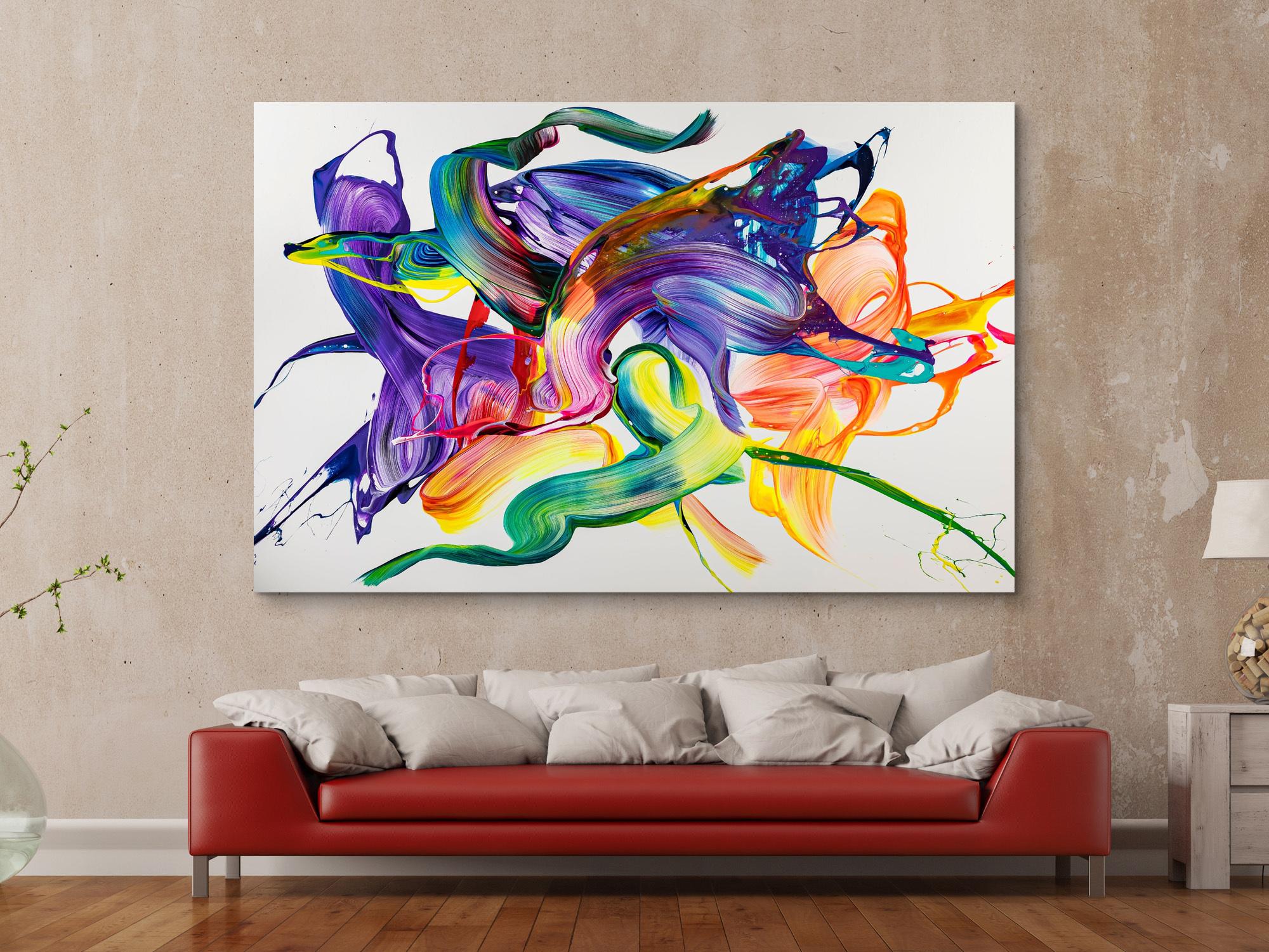 Abstraktes Original-Gemälde 130x200cm - Violett & Bunt Action Painting auf Leinwand