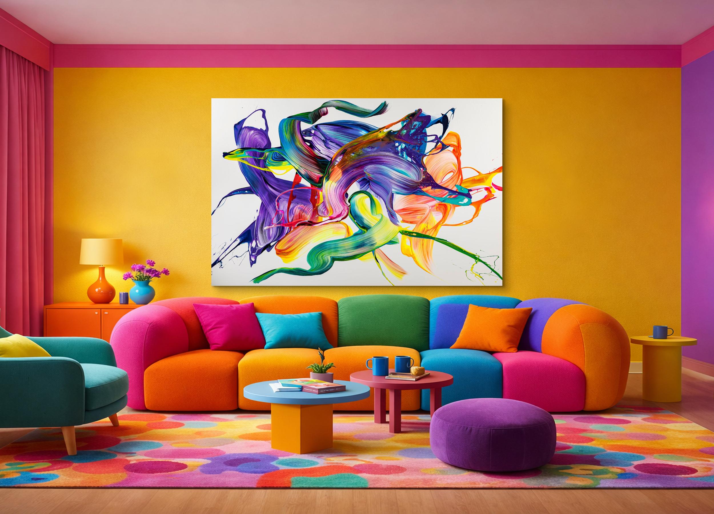 Abstraktes Original-Gemälde 130x200cm - Violett & Bunt Action Painting auf Leinwand