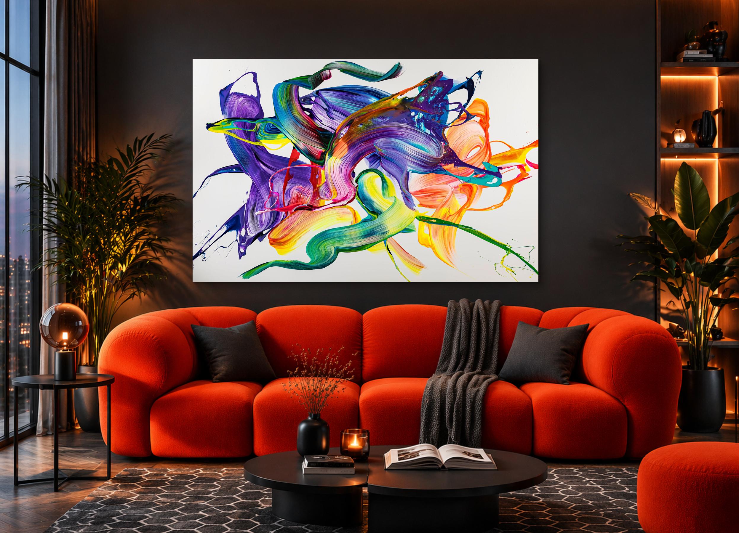 Abstraktes Original-Gemälde 130x200cm - Violett & Bunt Action Painting auf Leinwand