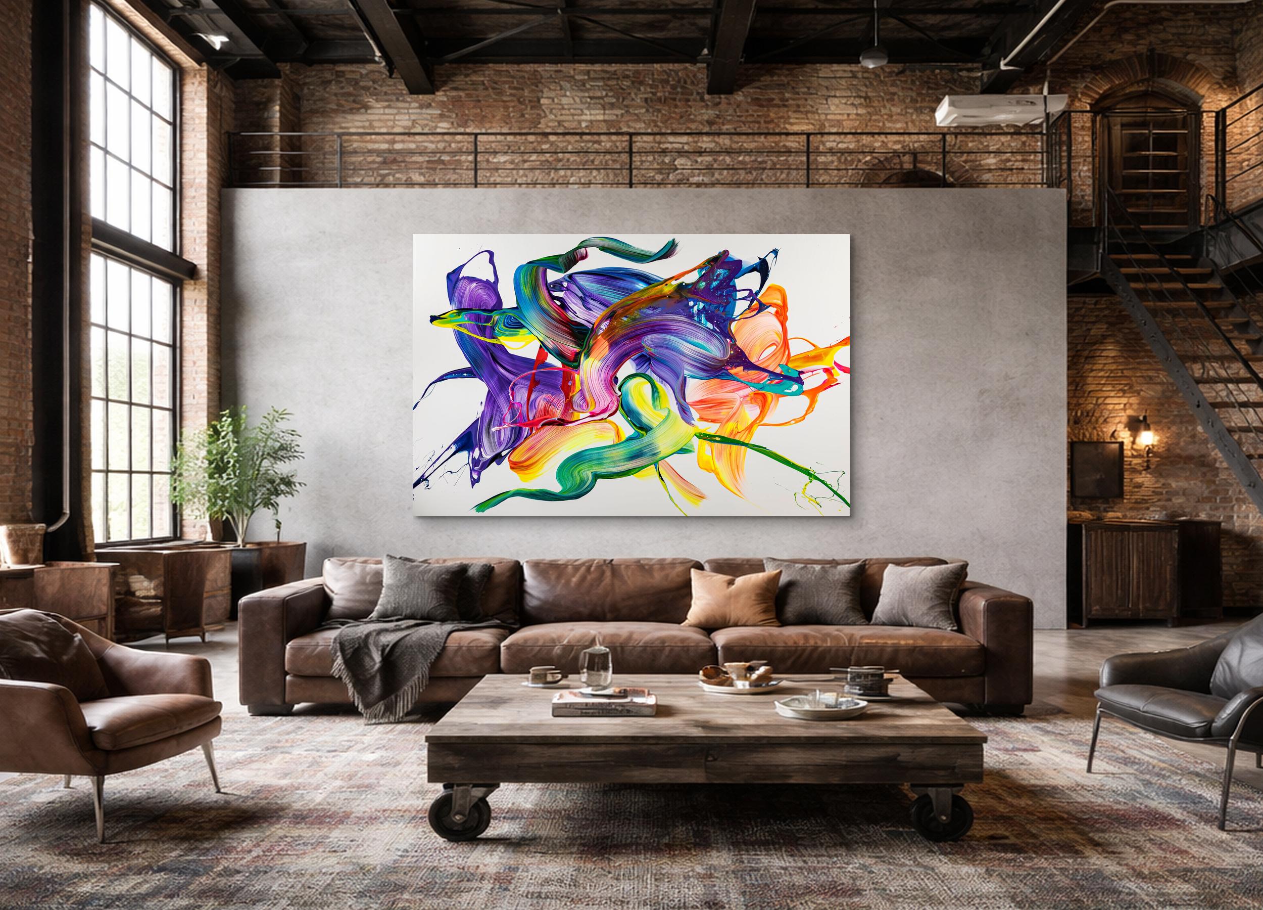 Abstraktes Original-Gemälde 130x200cm - Violett & Bunt Action Painting auf Leinwand