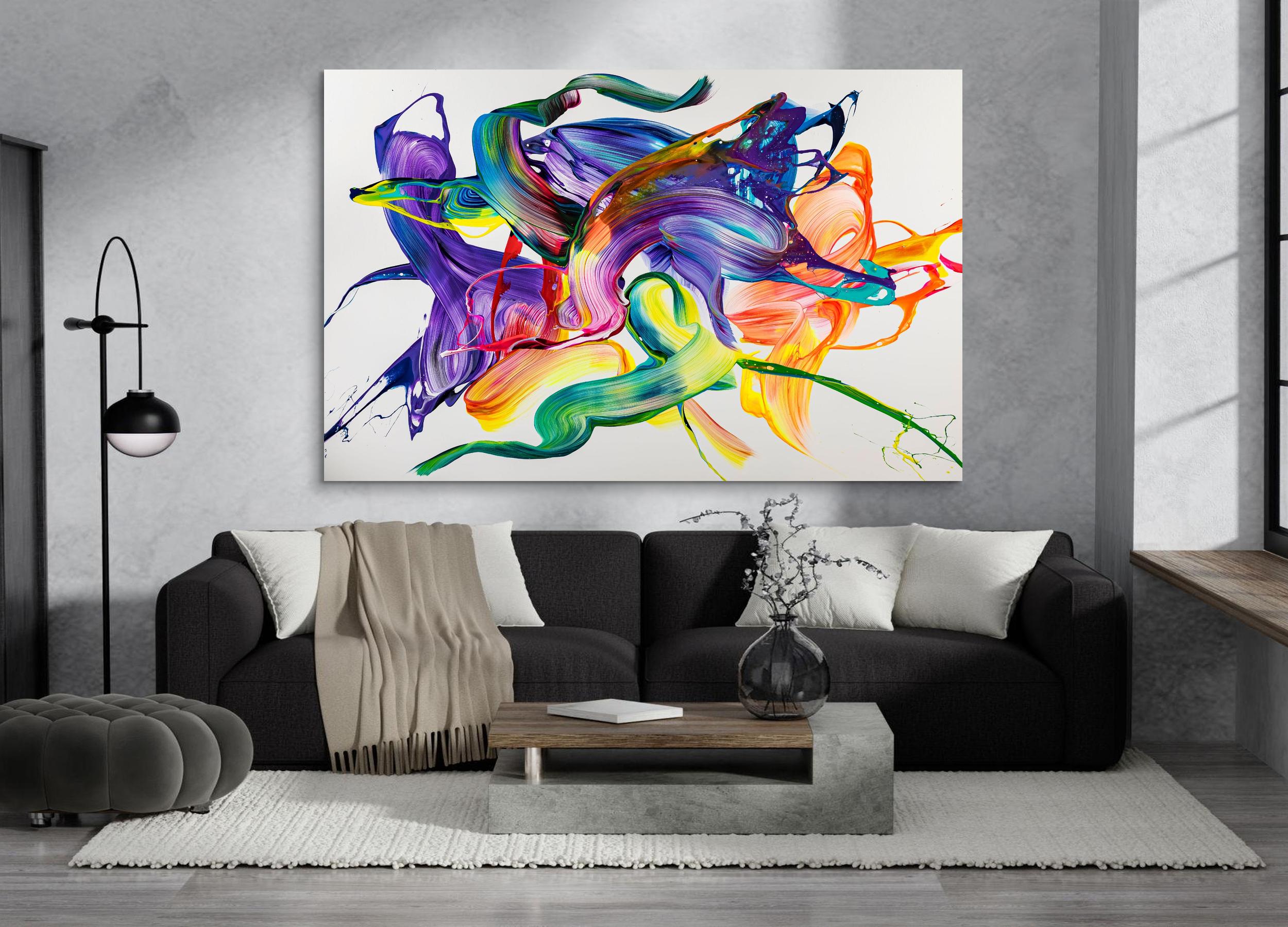 Abstraktes Original-Gemälde 130x200cm - Violett & Bunt Action Painting auf Leinwand