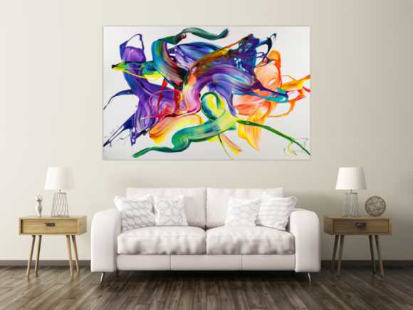 Gemälde Original abstrakt 130x200cm Action Painting Modern Art handgemalt Mischtechnik weiß bunt violett einzigartig