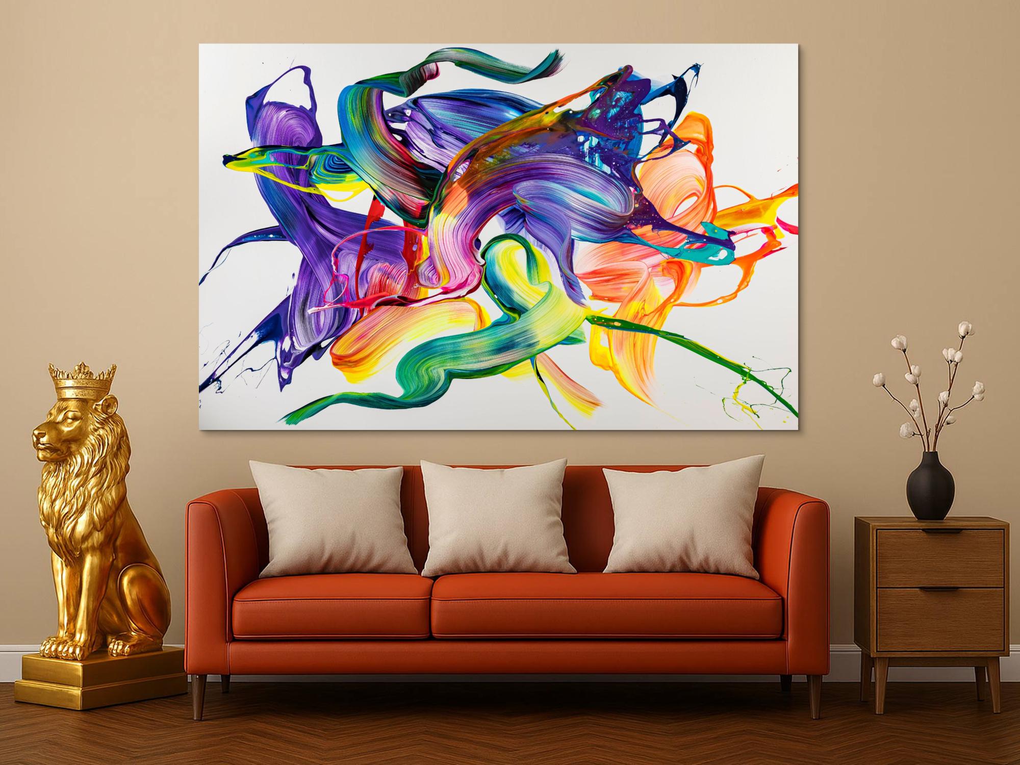 Gemälde Original abstrakt 130x200cm Action Painting Modern Art handgemalt Mischtechnik weiß bunt violett einzigartig
