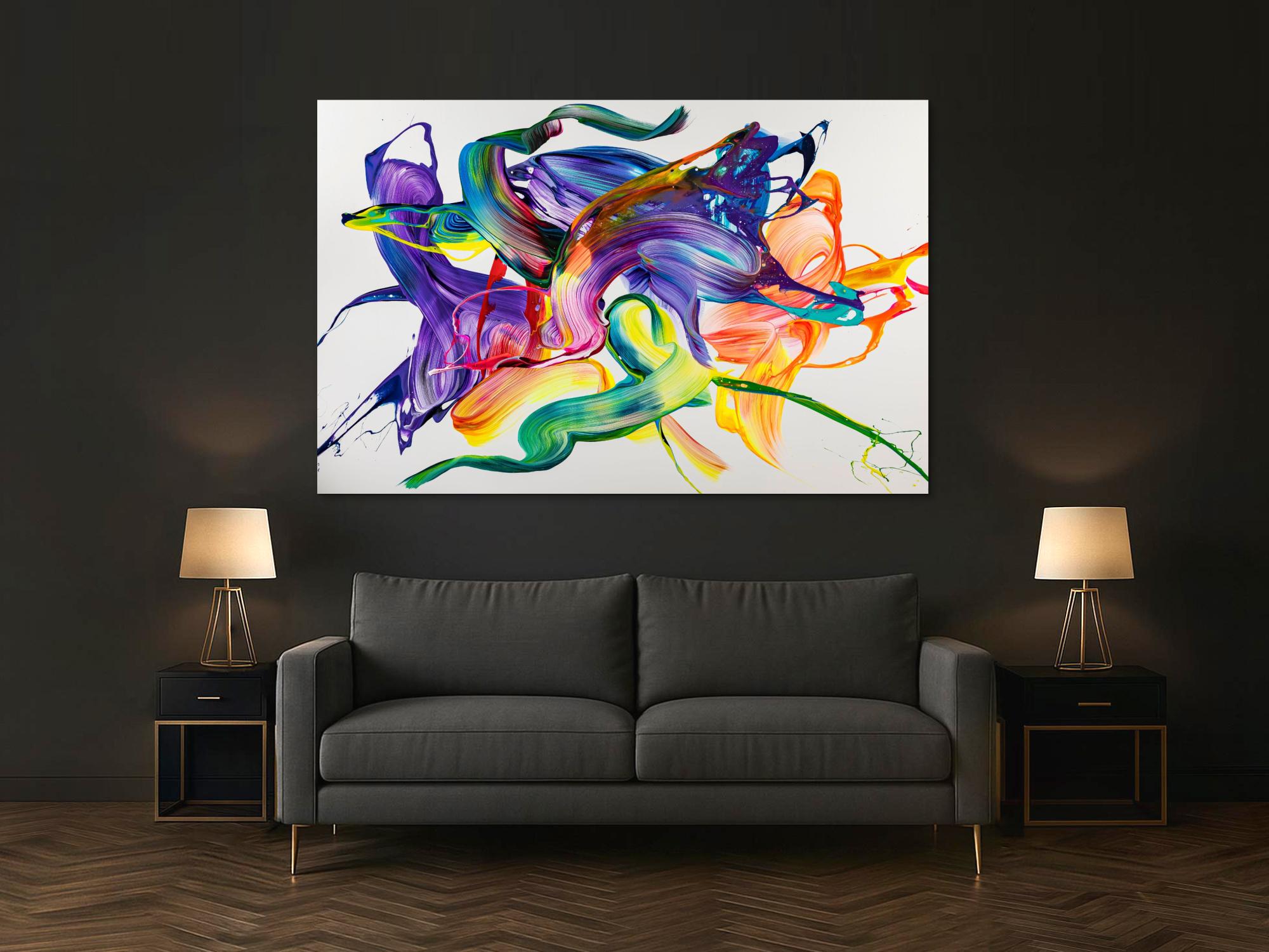 Gemälde Original abstrakt 130x200cm Action Painting Modern Art handgemalt Mischtechnik weiß bunt violett einzigartig