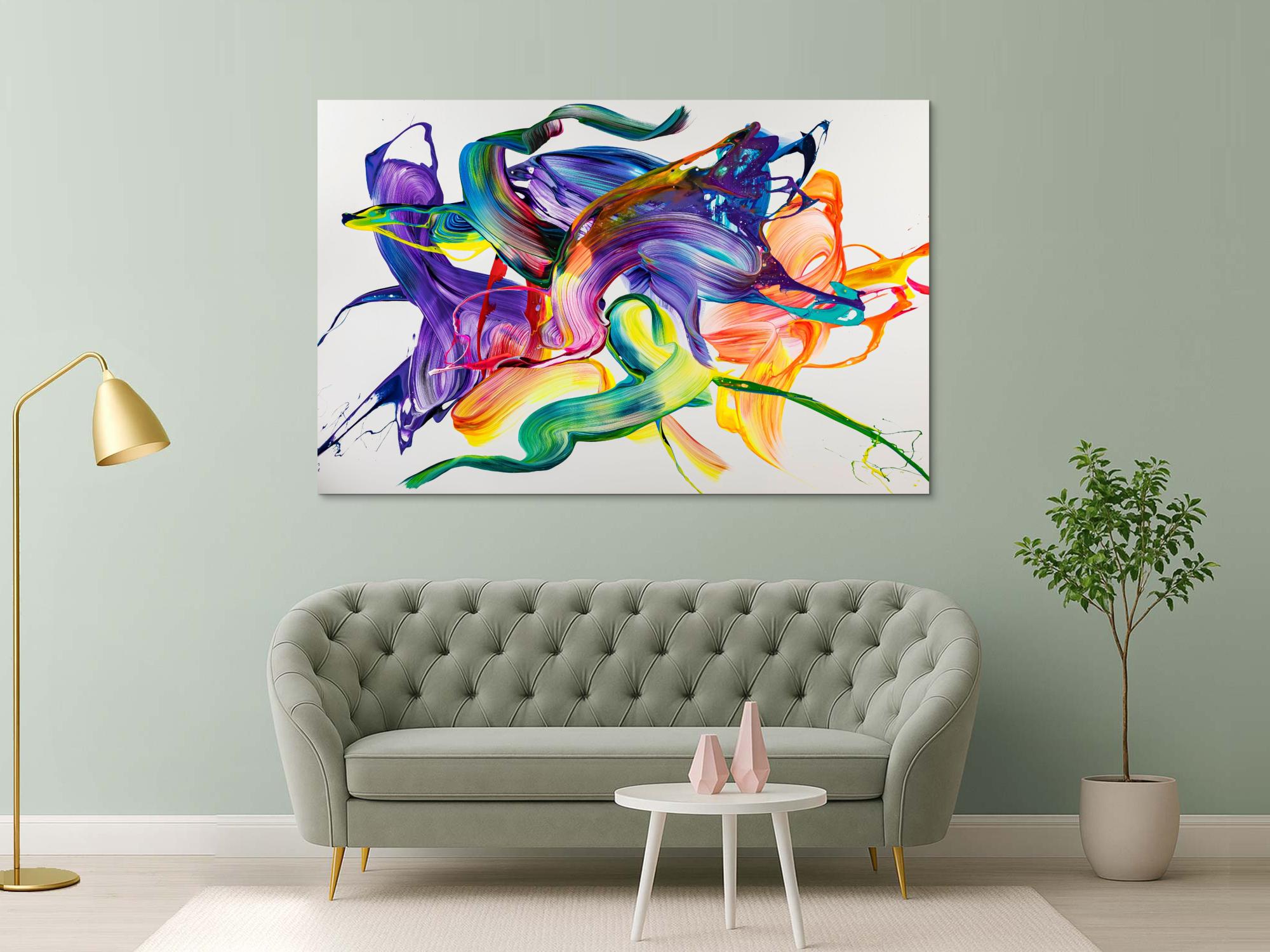 Gemälde Original abstrakt 130x200cm Action Painting Modern Art handgemalt Mischtechnik weiß bunt violett einzigartig