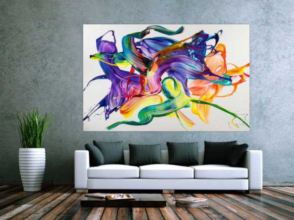 Gemälde Original abstrakt 130x200cm Action Painting Modern Art handgemalt Mischtechnik weiß bunt violett einzigartig