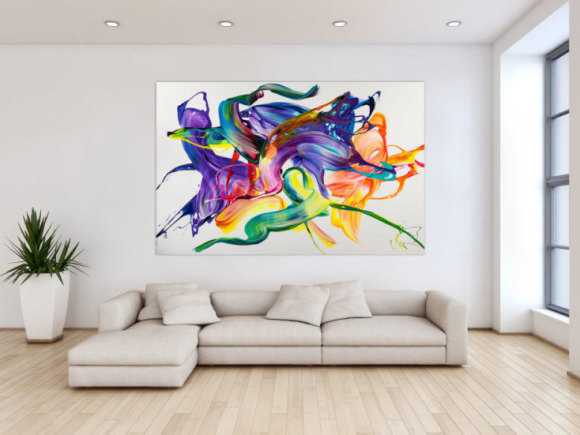 Gemälde Original abstrakt 130x200cm Action Painting Modern Art handgemalt Mischtechnik weiß bunt violett einzigartig