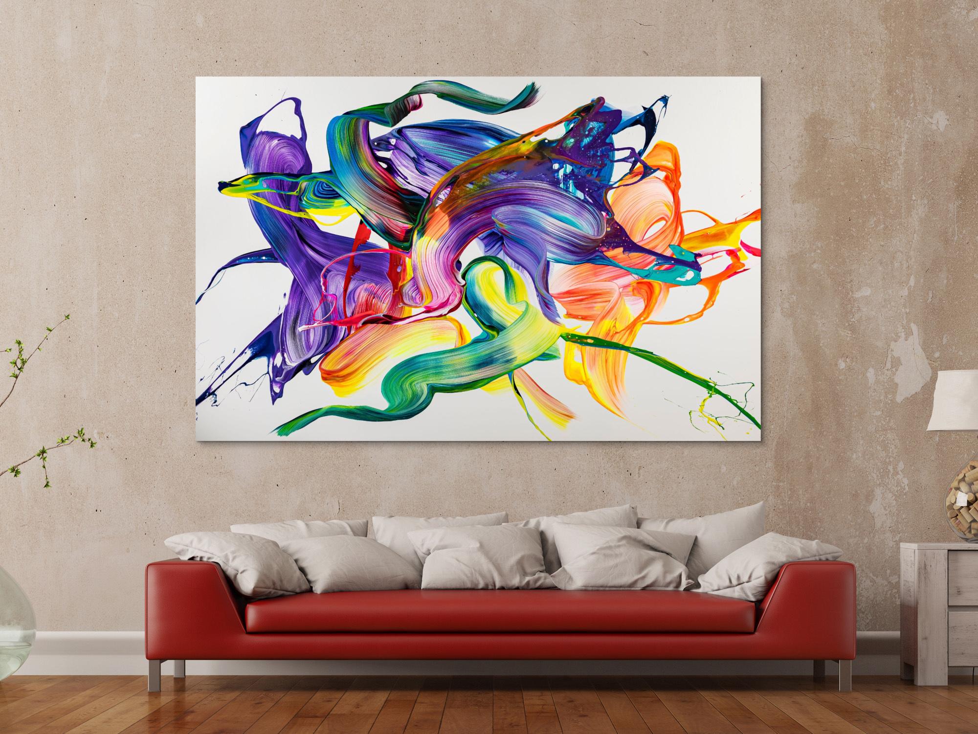 Gemälde Original abstrakt 130x200cm Action Painting Modern Art handgemalt Mischtechnik weiß bunt violett einzigartig