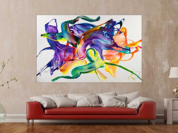 Gemälde Original abstrakt 130x200cm Action Painting Modern Art handgemalt Mischtechnik weiß bunt violett einzigartig