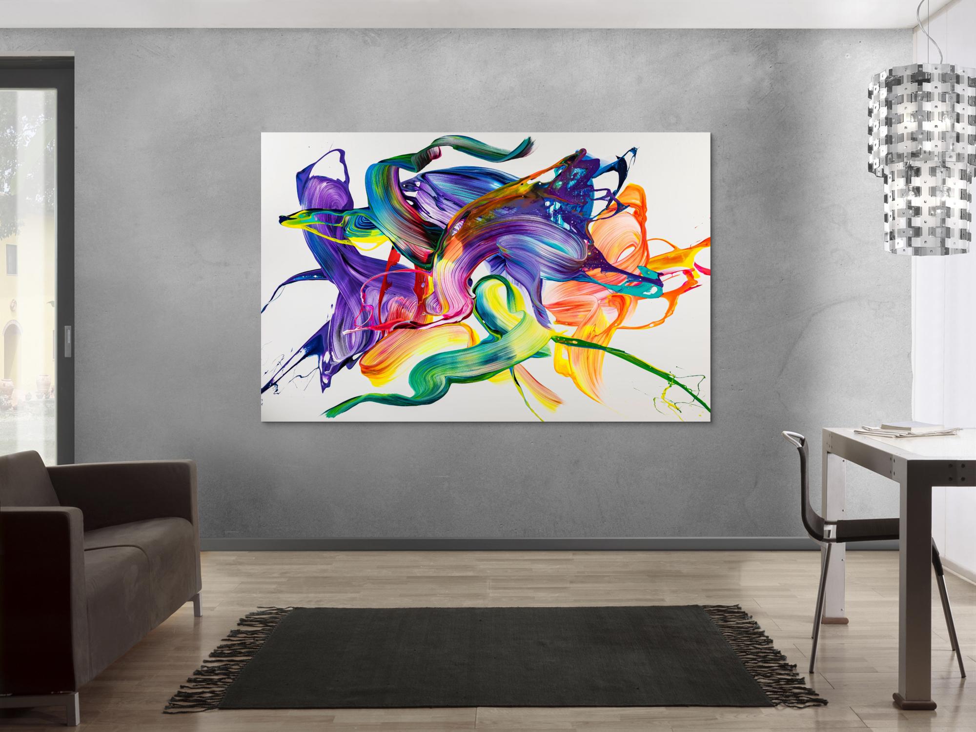 Gemälde Original abstrakt 130x200cm Action Painting Modern Art handgemalt Mischtechnik weiß bunt violett einzigartig