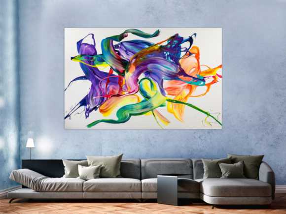 Gemälde Original abstrakt 130x200cm Action Painting Modern Art handgemalt Mischtechnik weiß bunt violett einzigartig