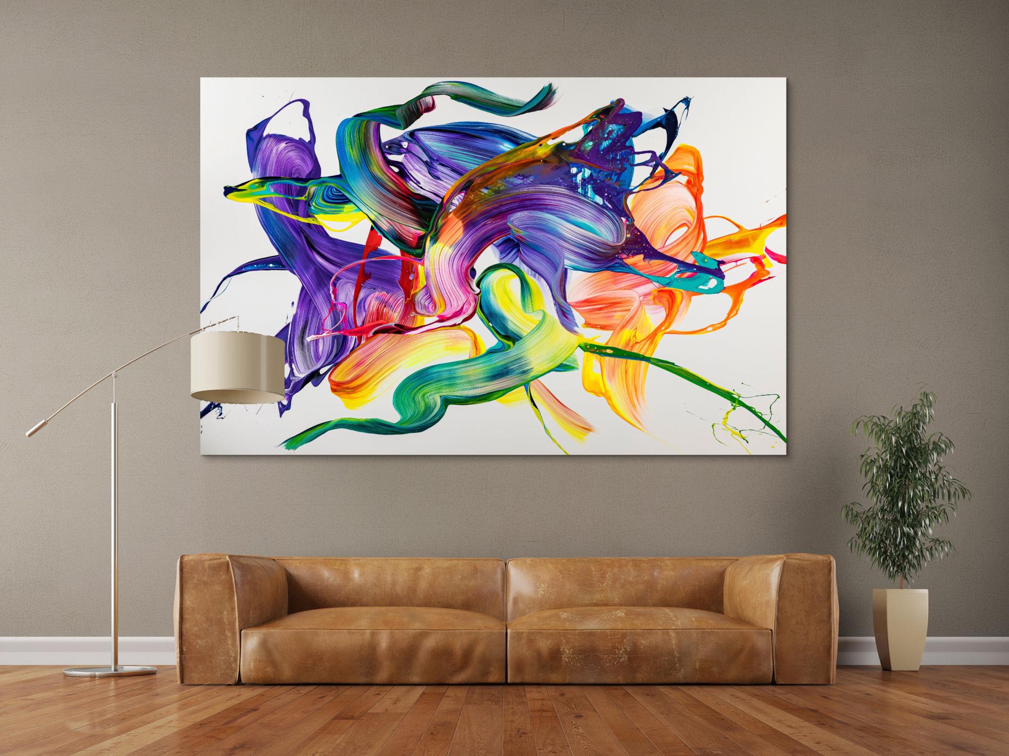 Gemälde Original abstrakt 130x200cm Action Painting Modern Art handgemalt Mischtechnik weiß bunt violett einzigartig