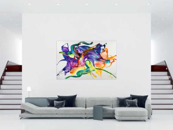 Gemälde Original abstrakt 130x200cm Action Painting Modern Art handgemalt Mischtechnik weiß bunt violett einzigartig
