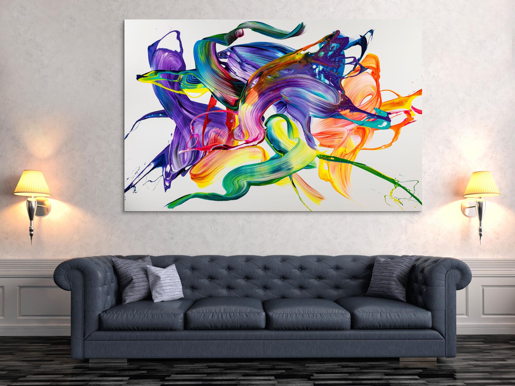 Gemälde Original abstrakt 130x200cm Action Painting Modern Art handgemalt Mischtechnik weiß bunt violett einzigartig