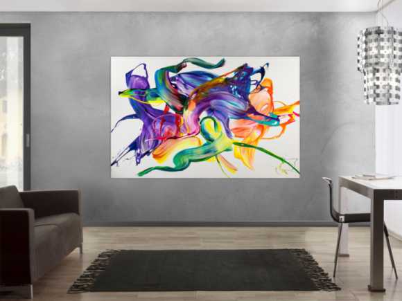 Gemälde Original abstrakt 130x200cm Action Painting Modern Art handgemalt Mischtechnik weiß bunt violett einzigartig