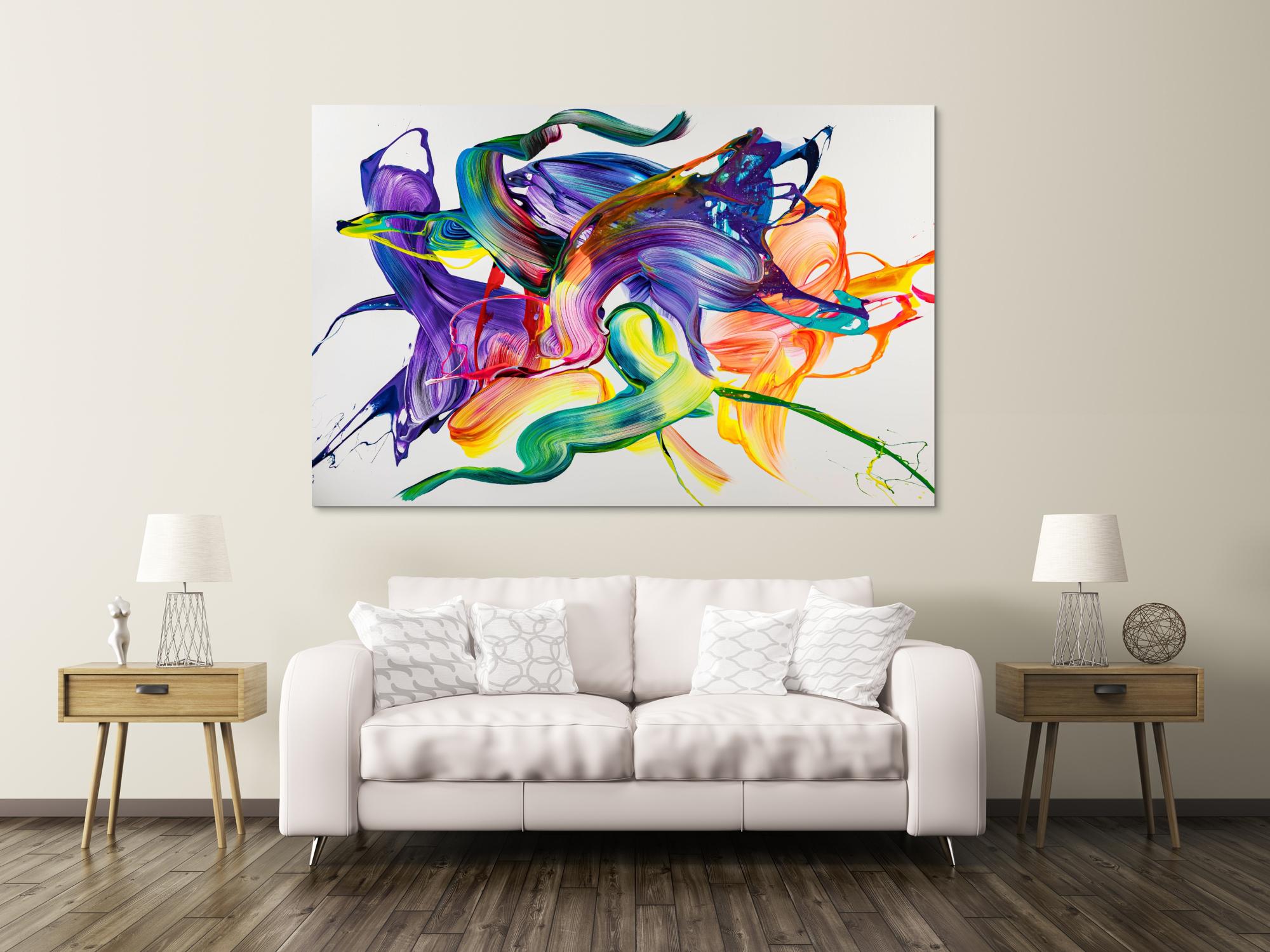 Gemälde Original abstrakt 130x200cm Action Painting Modern Art handgemalt Mischtechnik weiß bunt violett einzigartig