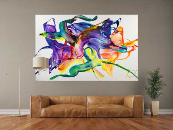 Gemälde Original abstrakt 130x200cm Action Painting Modern Art handgemalt Mischtechnik weiß bunt violett einzigartig