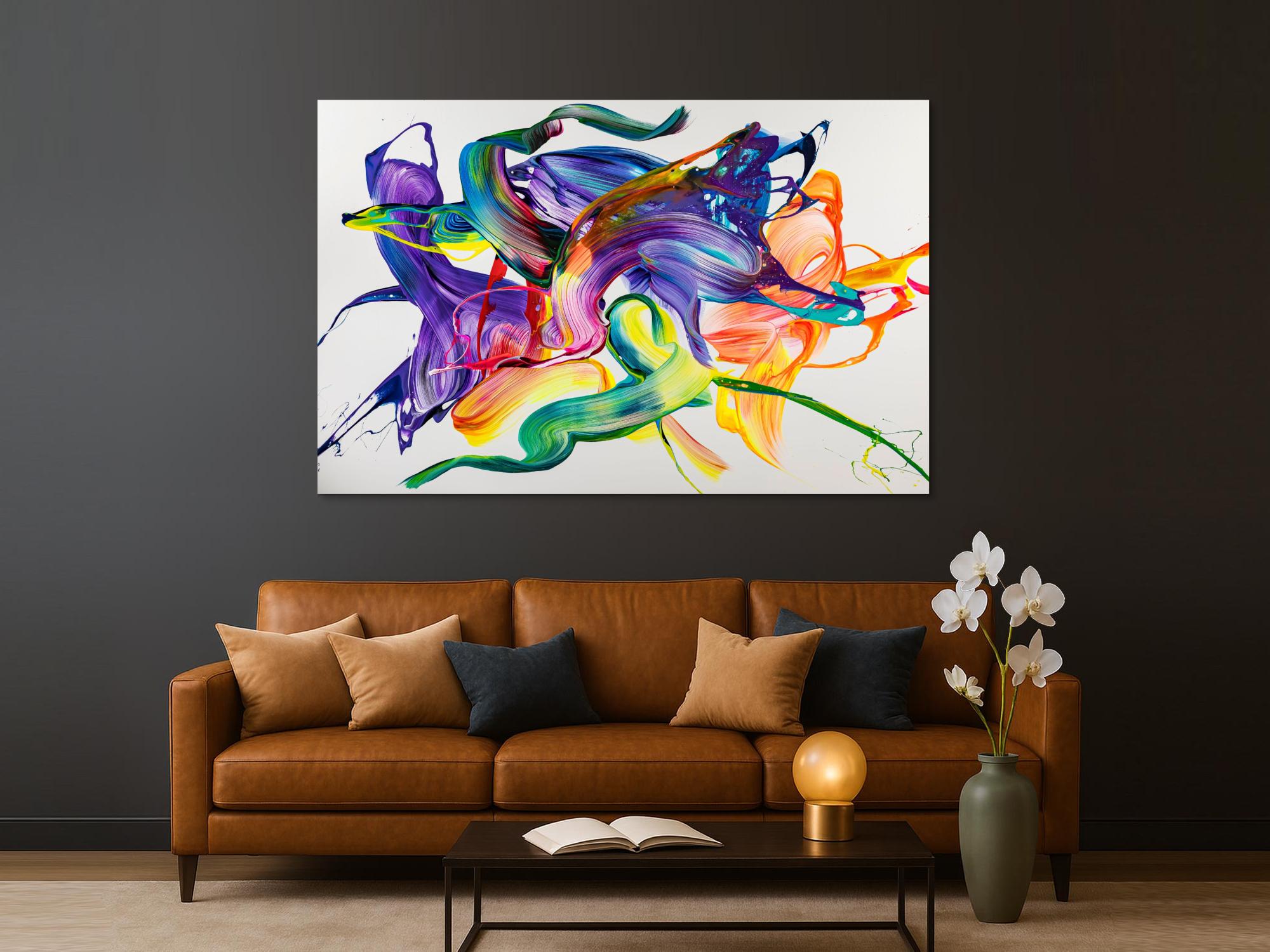 Gemälde Original abstrakt 130x200cm Action Painting Modern Art handgemalt Mischtechnik weiß bunt violett einzigartig