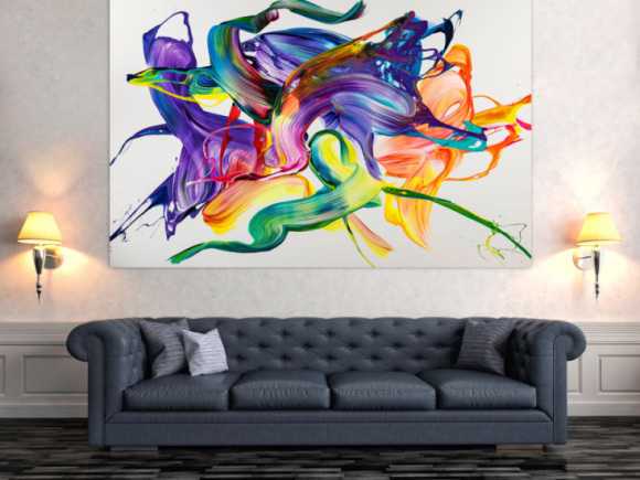 Gemälde Original abstrakt 130x200cm Action Painting Modern Art handgemalt Mischtechnik weiß bunt violett einzigartig