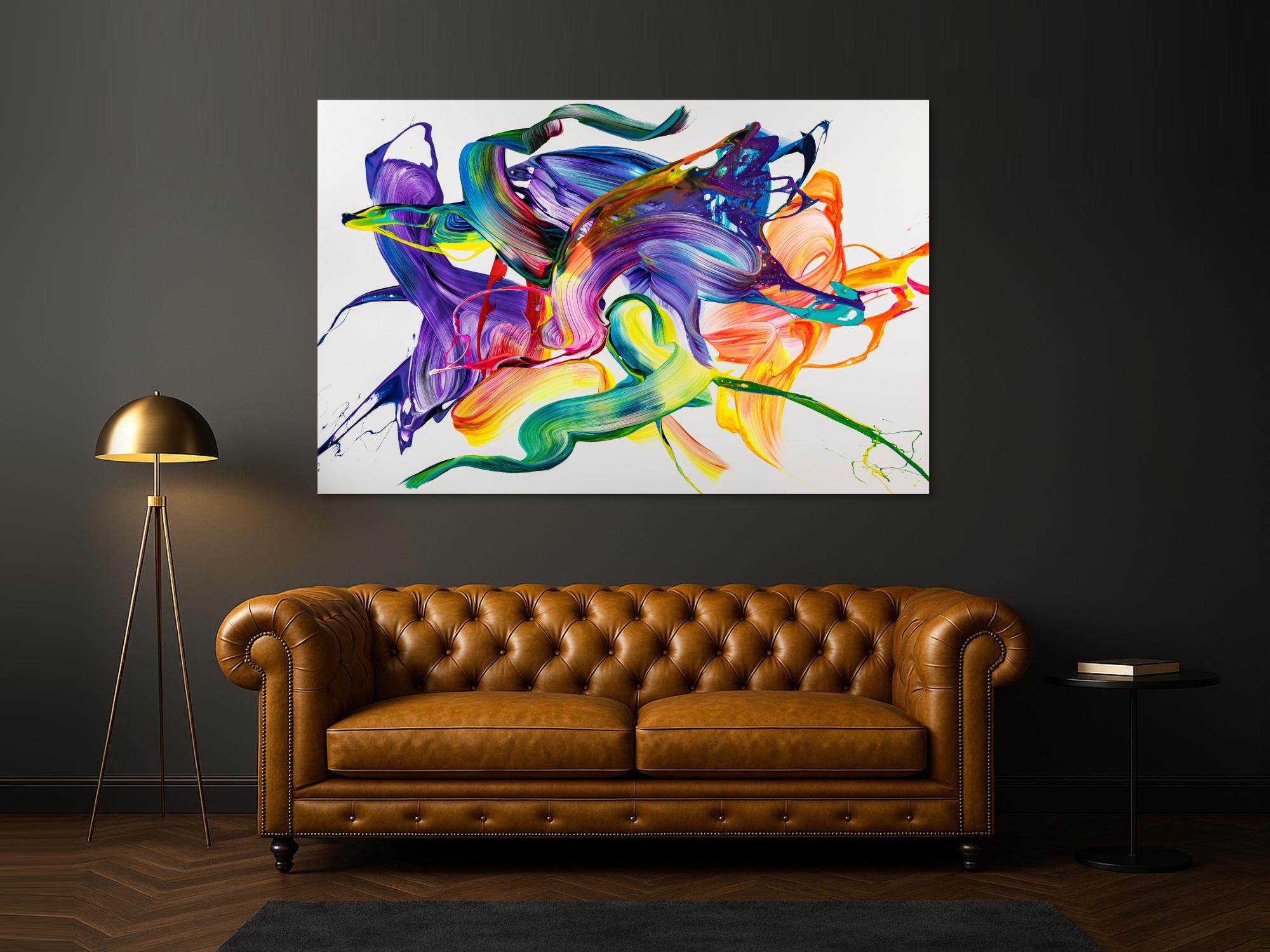 Gemälde Original abstrakt 130x200cm Action Painting Modern Art handgemalt Mischtechnik weiß bunt violett einzigartig