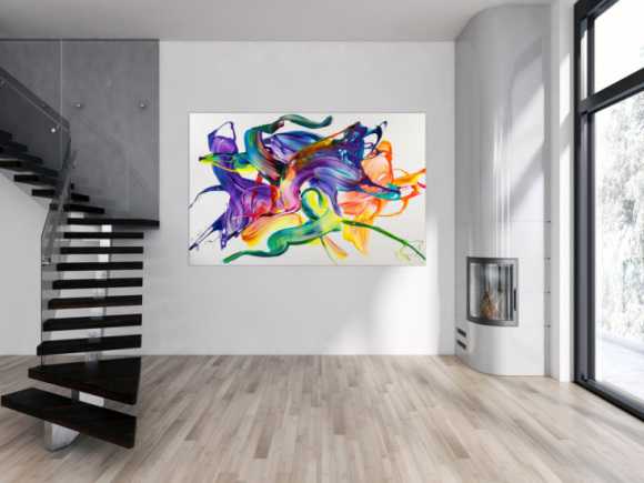 Gemälde Original abstrakt 130x200cm Action Painting Modern Art handgemalt Mischtechnik weiß bunt violett einzigartig