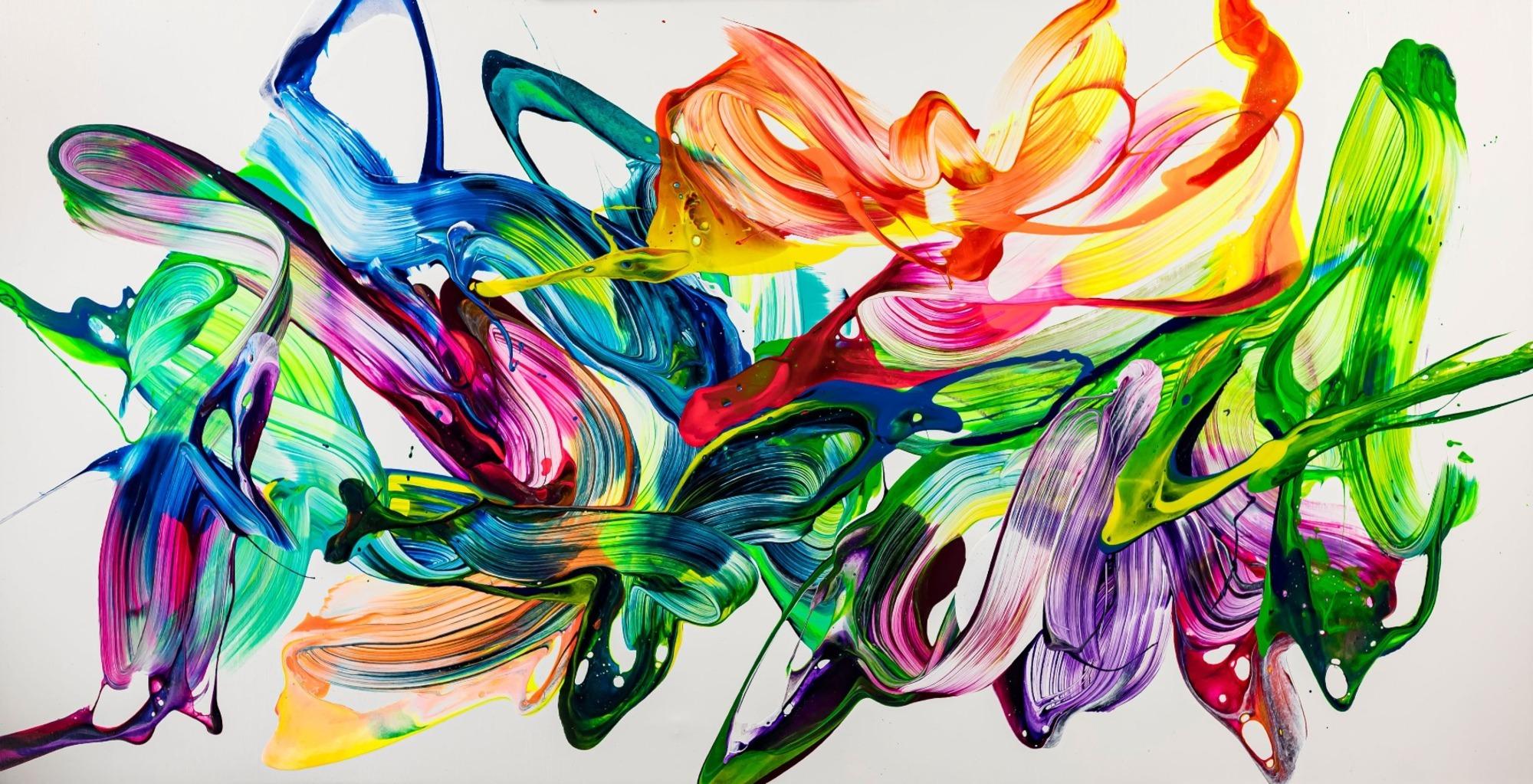 Abstraktes Original Gemälde 100x200cm Action Painting zeitgenössisch handgefertigt Splash Art weiß bunt grün hochwertig