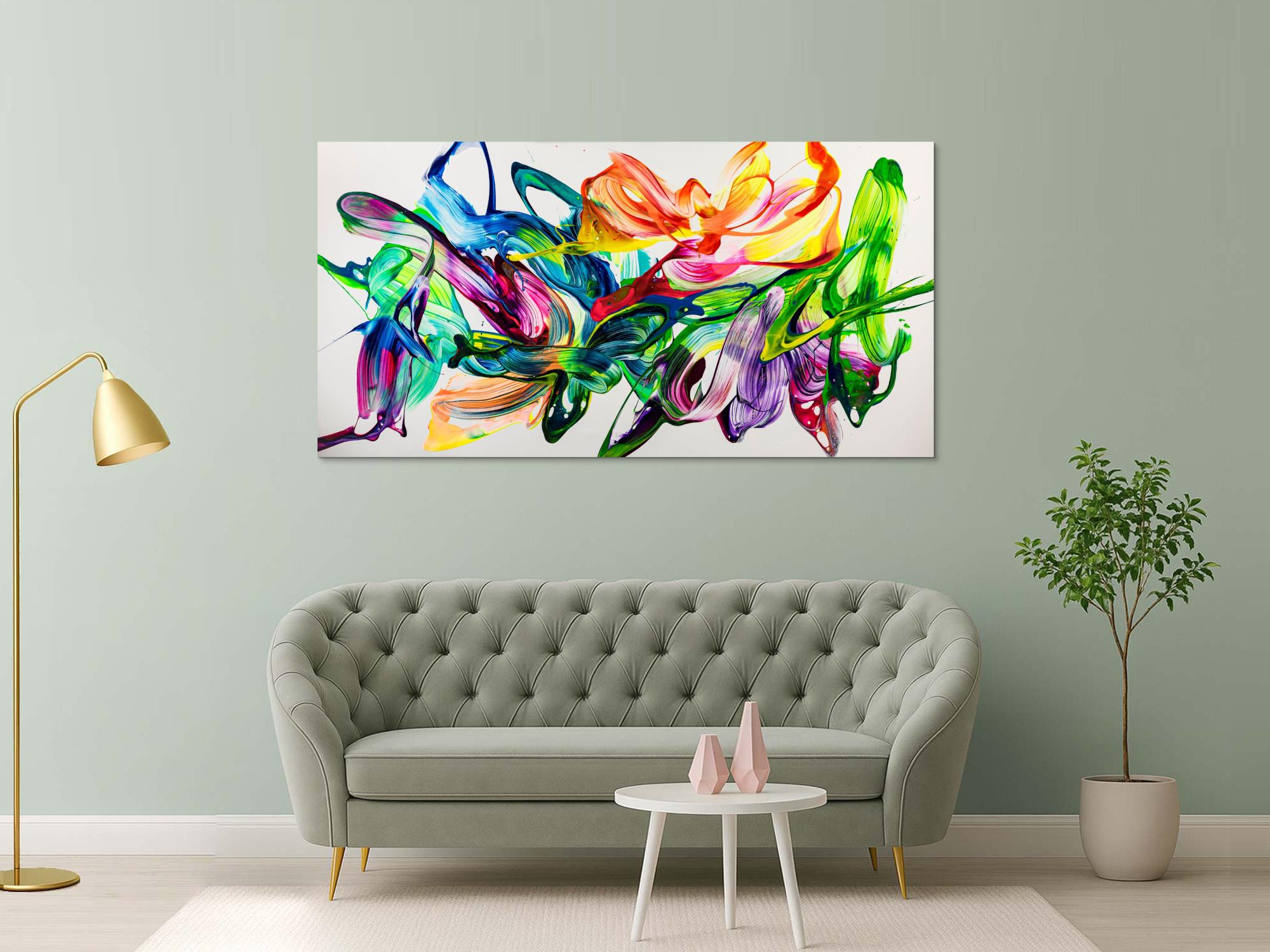 Abstraktes Original Gemälde 100x200cm Action Painting zeitgenössisch handgefertigt Splash Art weiß bunt grün hochwertig