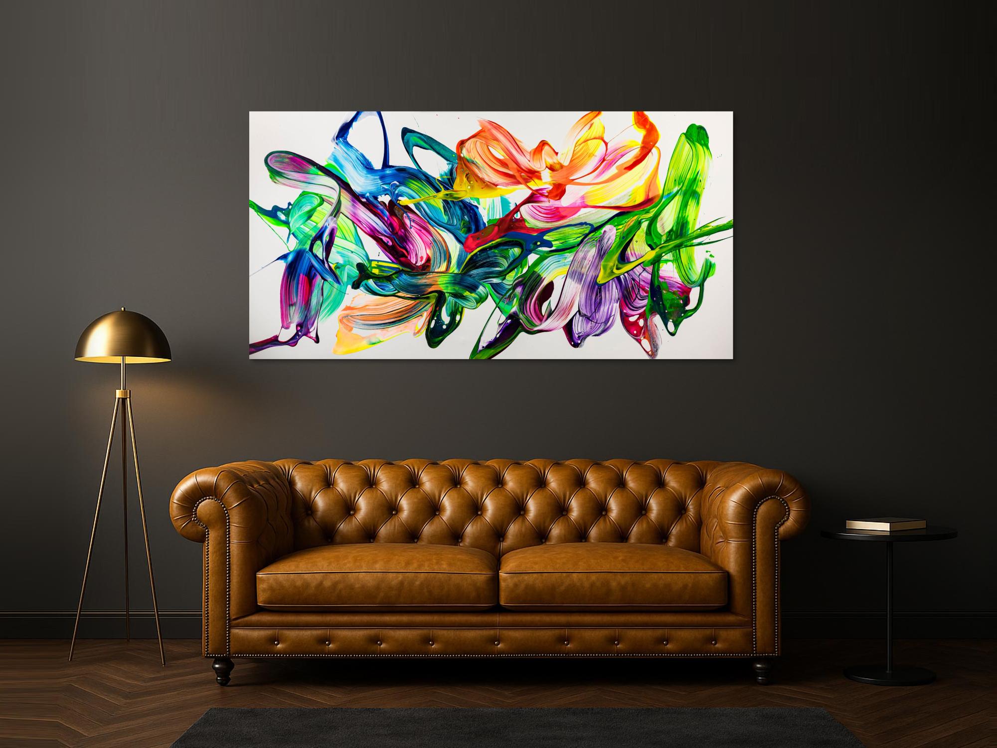 Abstraktes Original Gemälde 100x200cm Action Painting zeitgenössisch handgefertigt Splash Art weiß bunt grün hochwertig