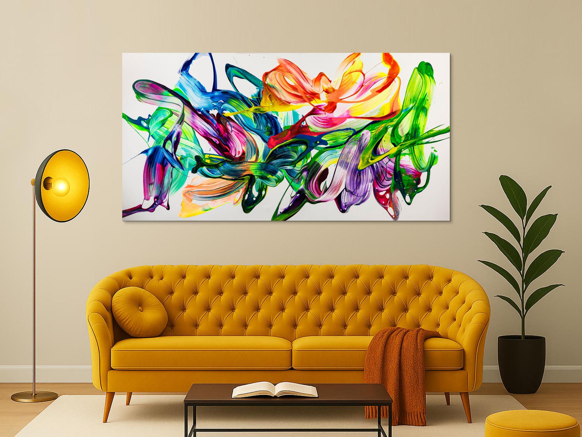 Abstraktes Original Gemälde 100x200cm Action Painting zeitgenössisch handgefertigt Splash Art weiß bunt grün hochwertig