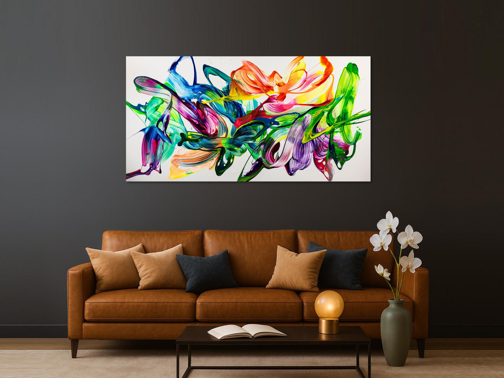 Abstraktes Original Gemälde 100x200cm Action Painting zeitgenössisch handgefertigt Splash Art weiß bunt grün hochwertig