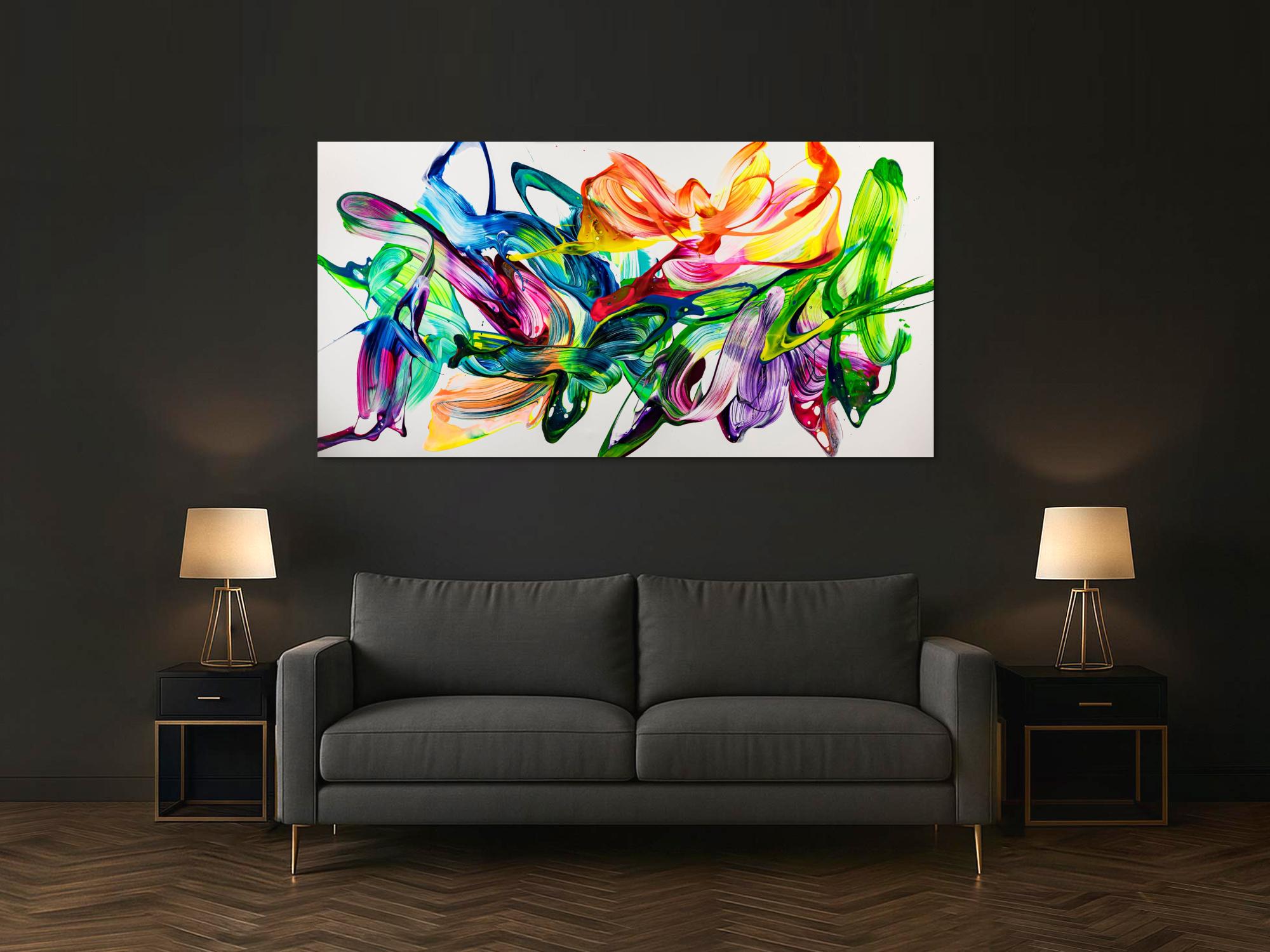 Abstraktes Original Gemälde 100x200cm Action Painting zeitgenössisch handgefertigt Splash Art weiß bunt grün hochwertig