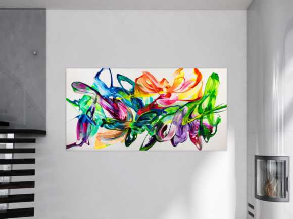 Abstraktes Original Gemälde 100x200cm Action Painting zeitgenössisch handgefertigt Splash Art weiß bunt grün hochwertig