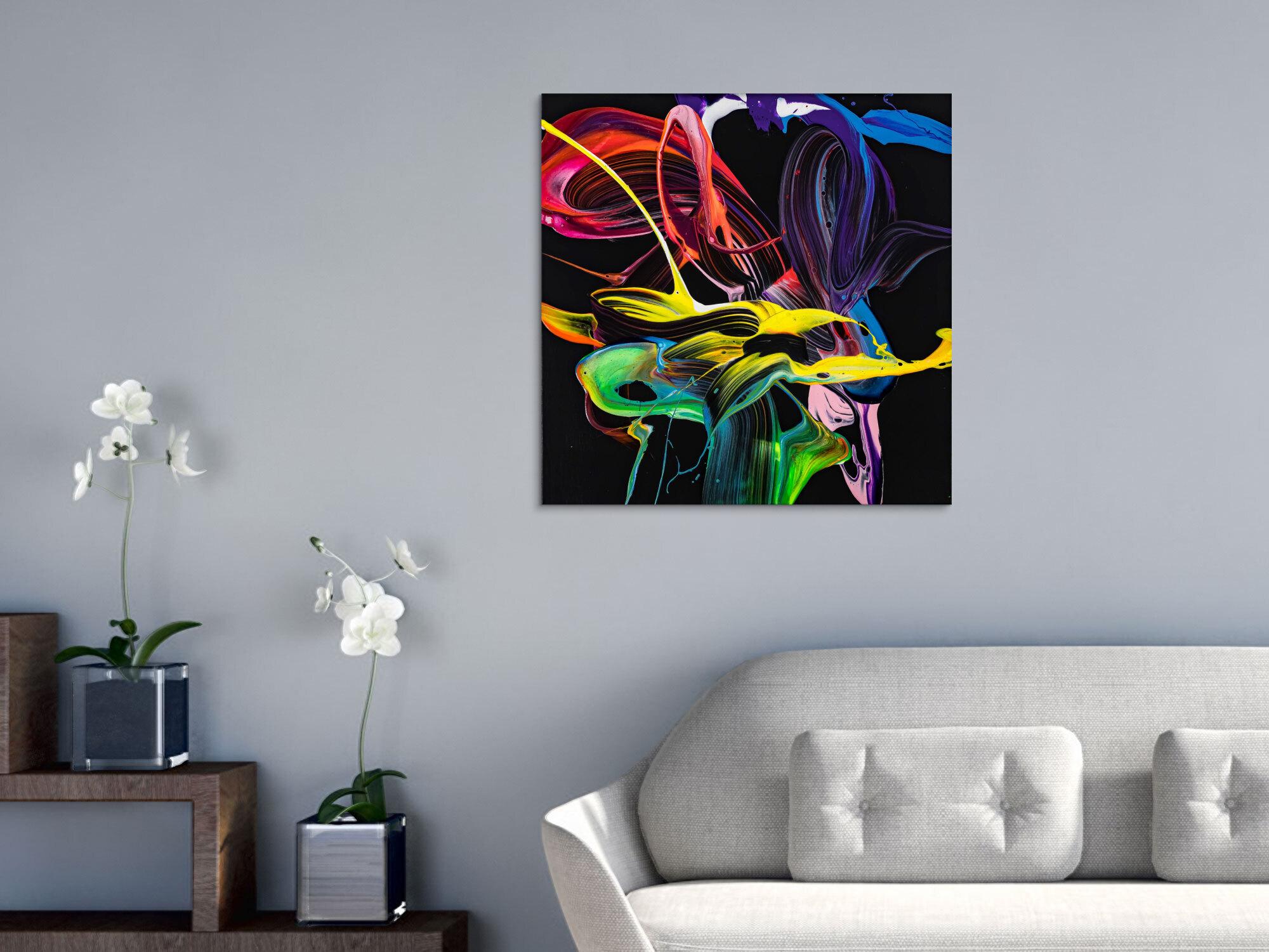 Gemälde Original abstrakt 70x70cm Action Painting expressionistisch handgemalt Splash Art schwarz bunt rot hochwertig