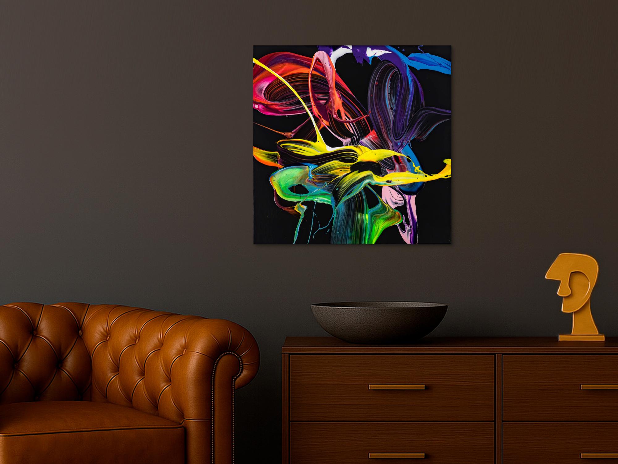 Gemälde Original abstrakt 70x70cm Action Painting expressionistisch handgemalt Splash Art schwarz bunt rot hochwertig