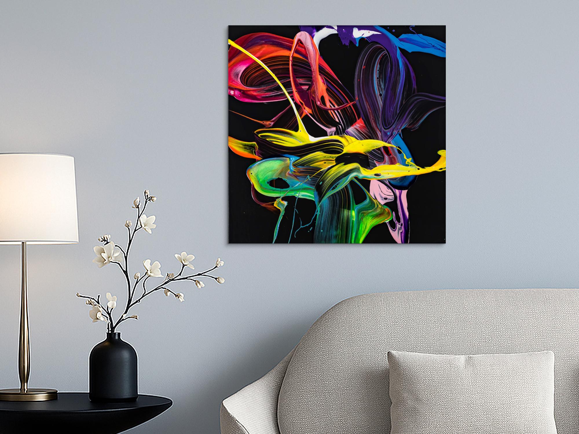 Gemälde Original abstrakt 70x70cm Action Painting expressionistisch handgemalt Splash Art schwarz bunt rot hochwertig