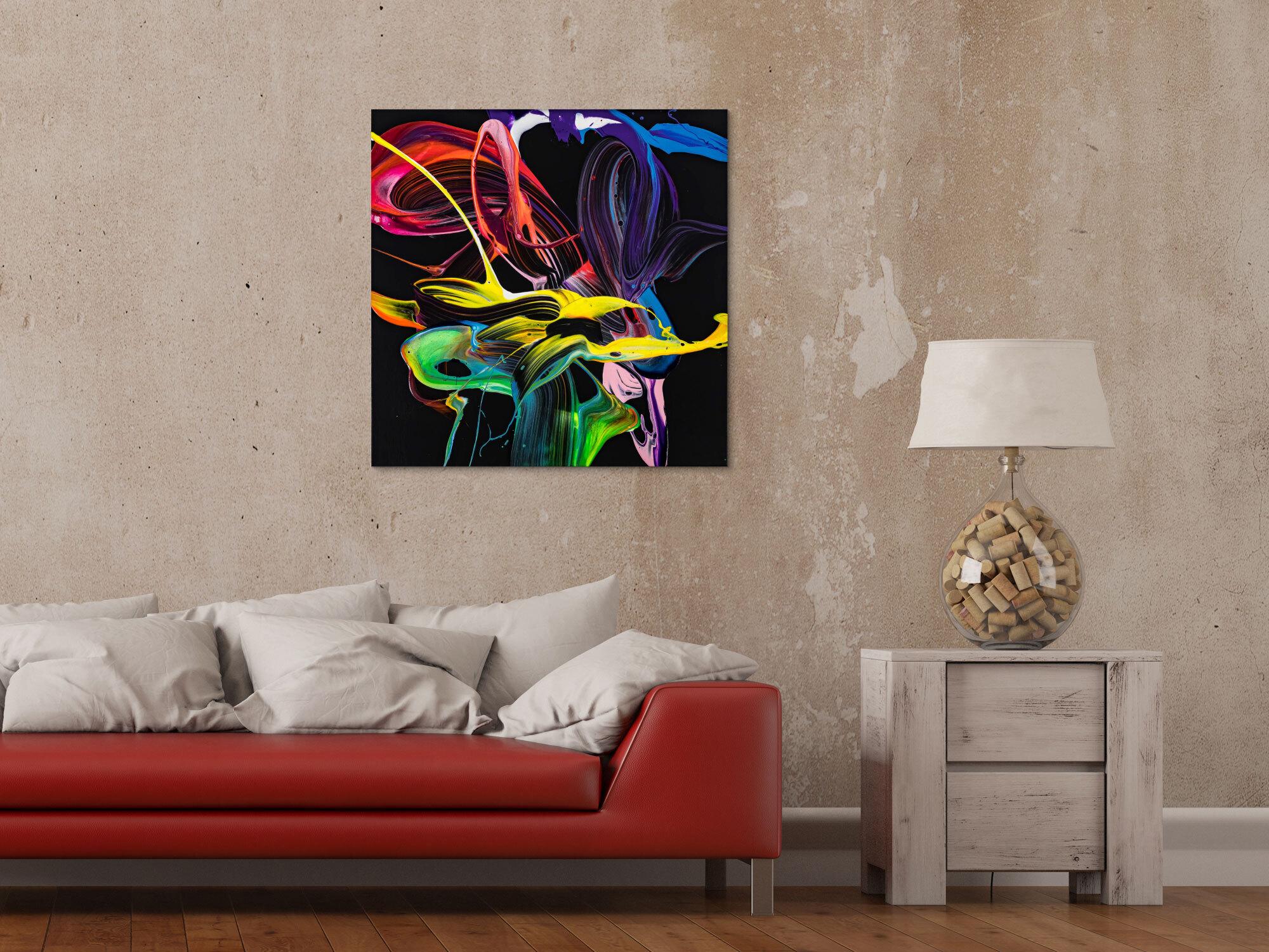 Gemälde Original abstrakt 70x70cm Action Painting expressionistisch handgemalt Splash Art schwarz bunt rot hochwertig