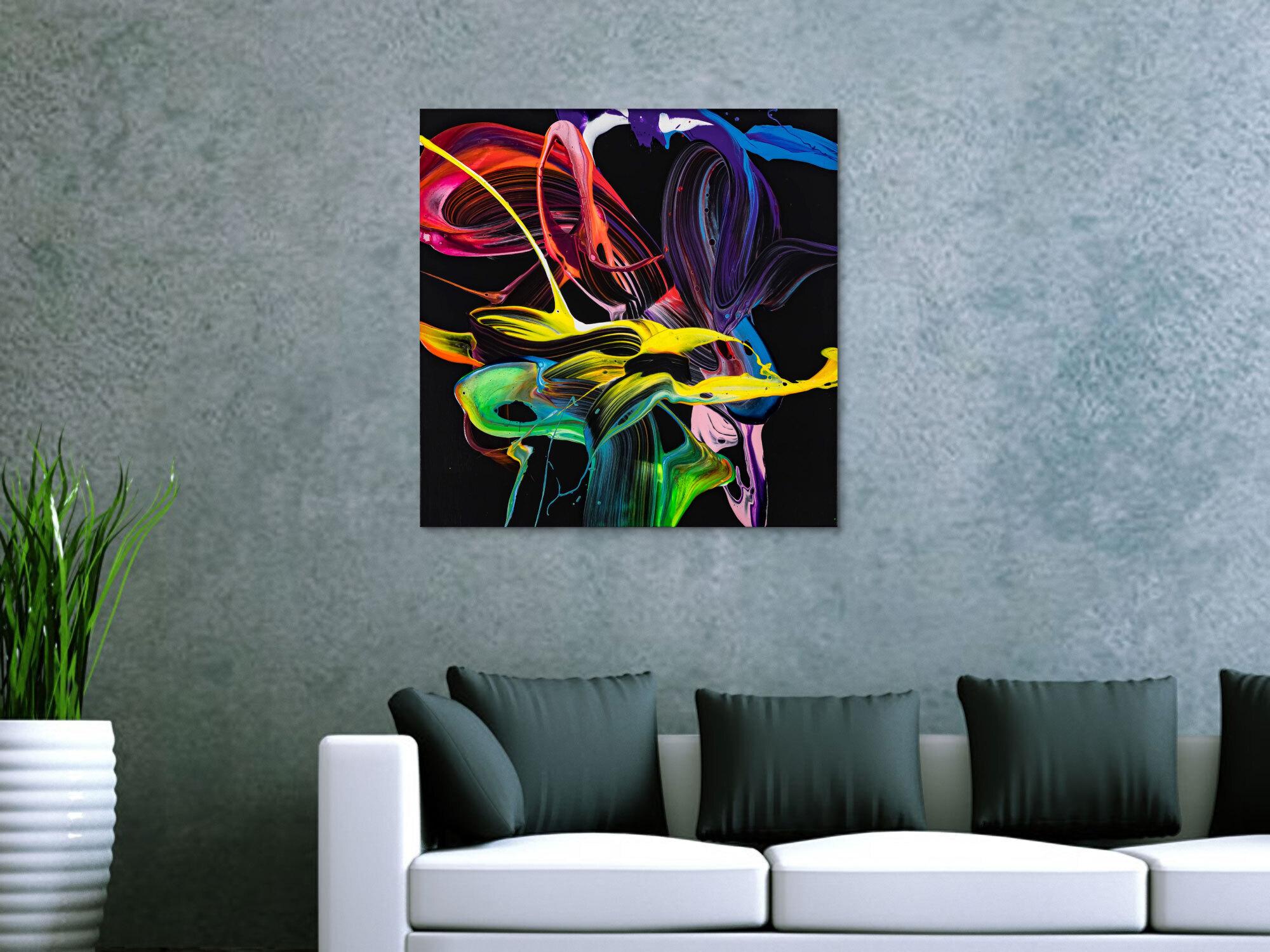 Gemälde Original abstrakt 70x70cm Action Painting expressionistisch handgemalt Splash Art schwarz bunt rot hochwertig