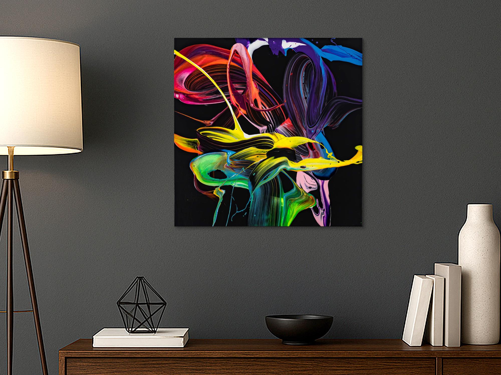 Gemälde Original abstrakt 70x70cm Action Painting expressionistisch handgemalt Splash Art schwarz bunt rot hochwertig