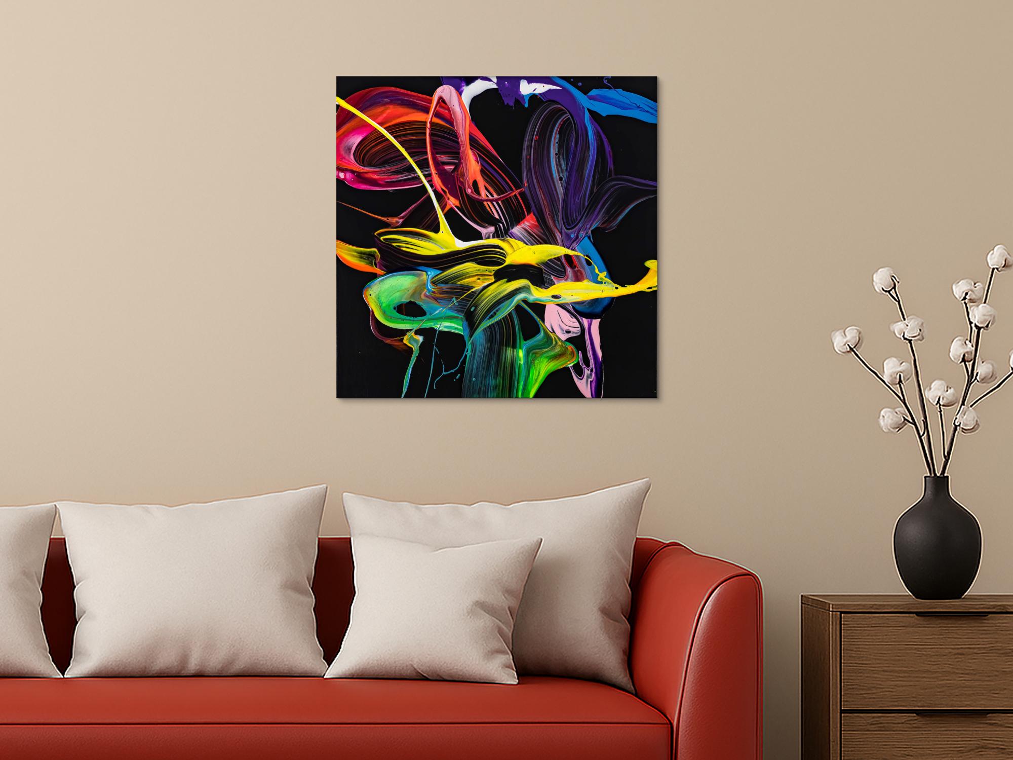 Gemälde Original abstrakt 70x70cm Action Painting expressionistisch handgemalt Splash Art schwarz bunt rot hochwertig