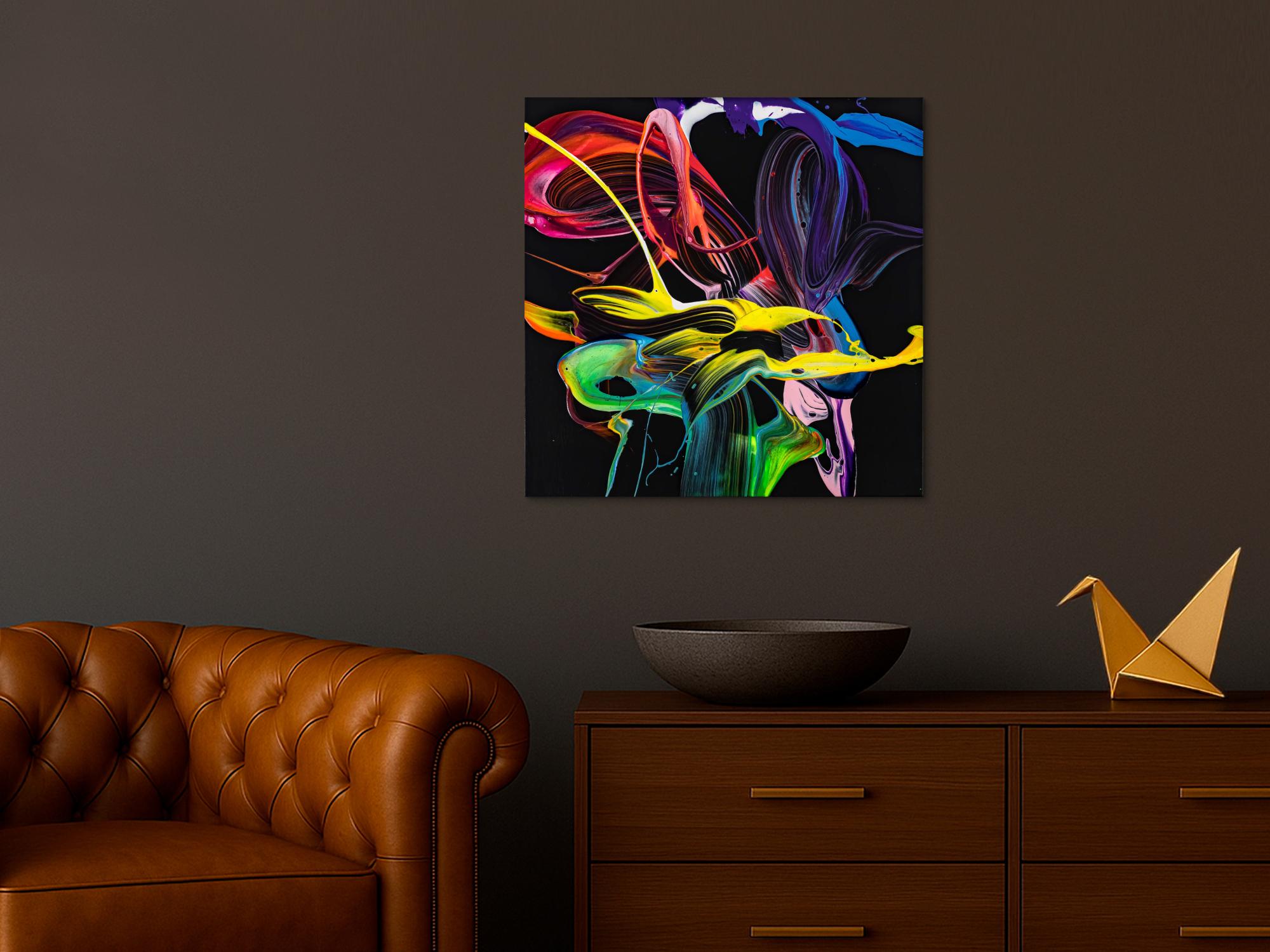 Gemälde Original abstrakt 70x70cm Action Painting expressionistisch handgemalt Splash Art schwarz bunt rot hochwertig