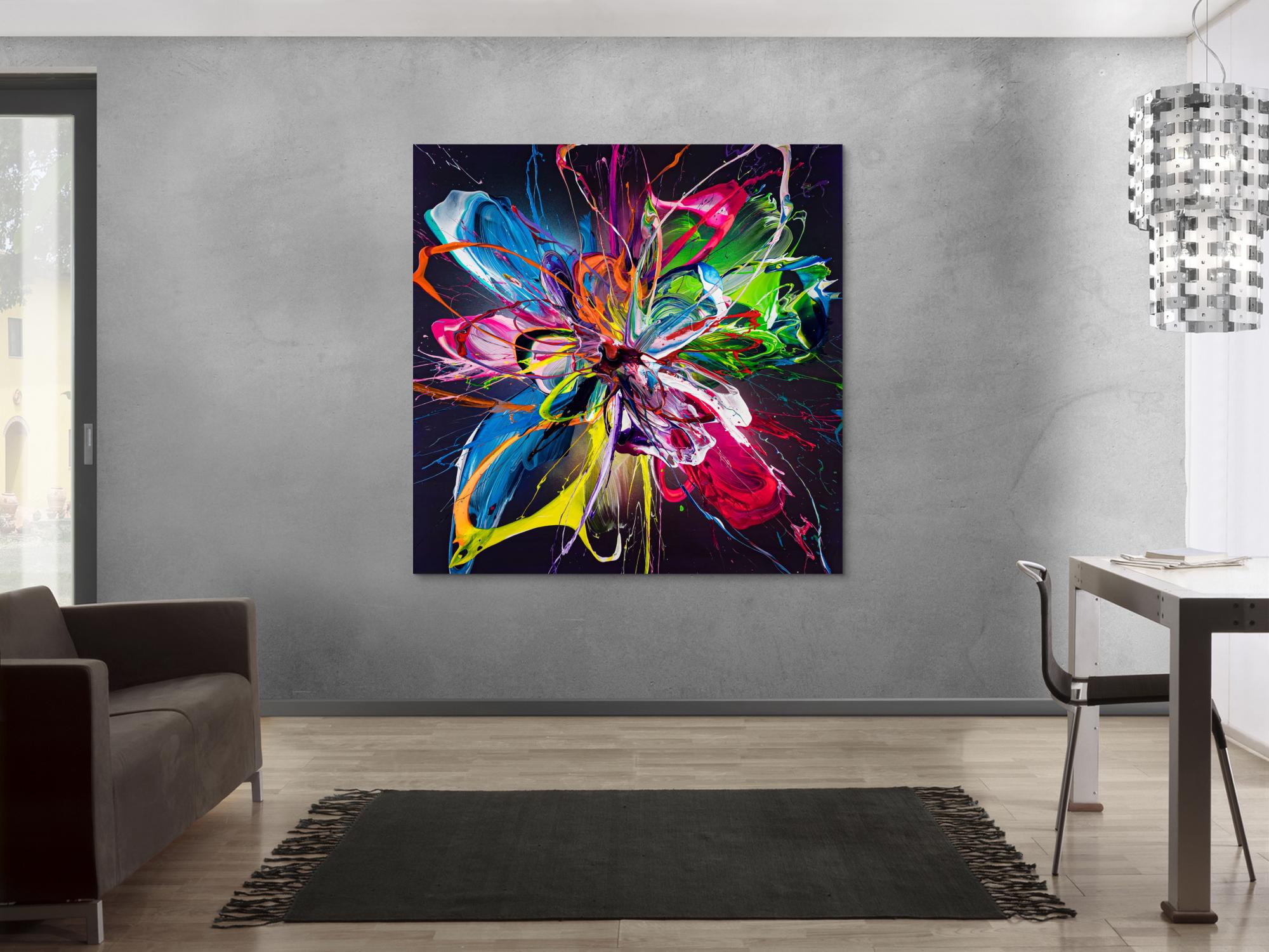 Original Gemälde abstrakt 150x150cm Action Painting expressionistisch handgemalt Mischtechnik schwarz bunt blau einzigartig