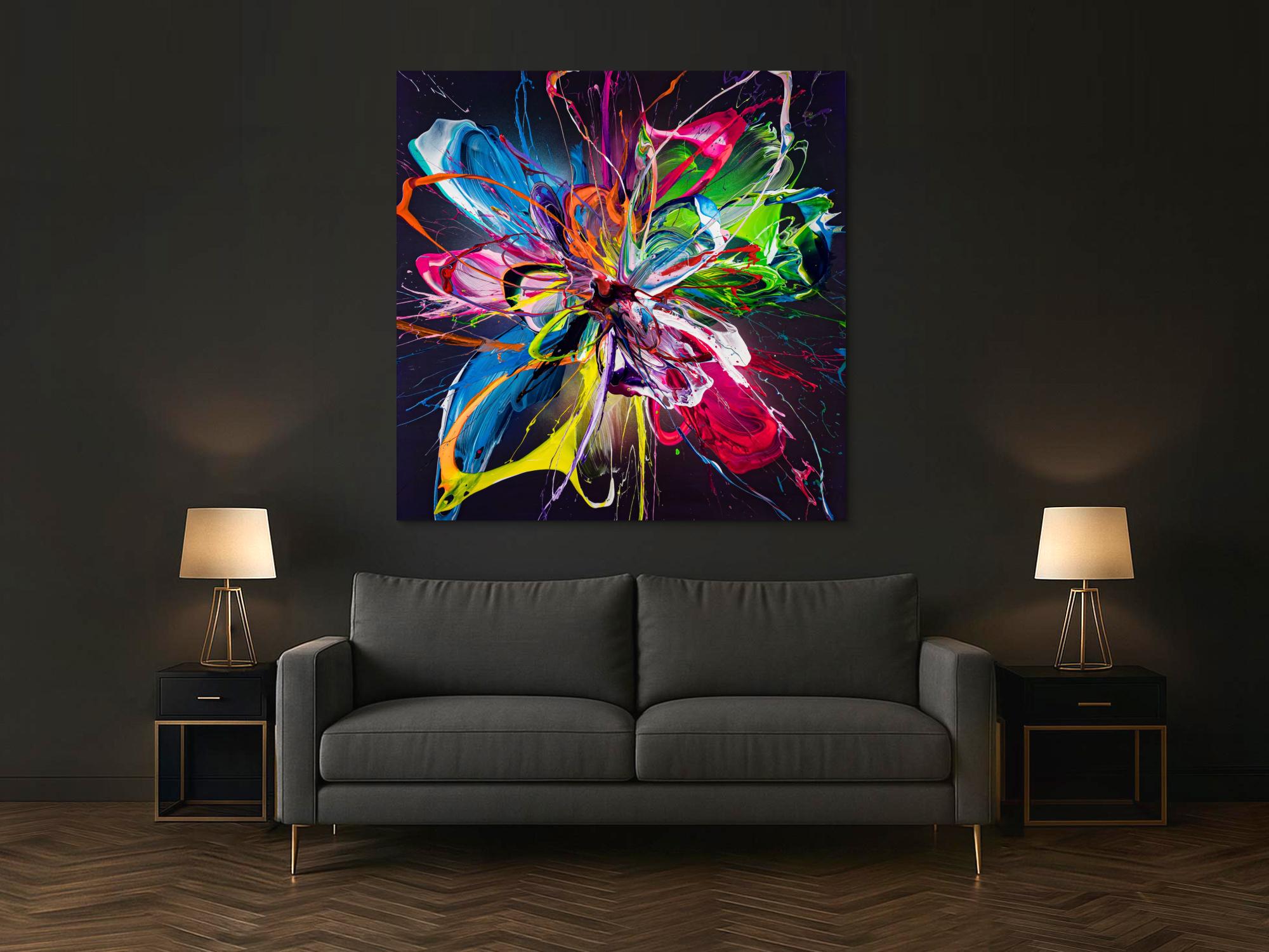 Original Gemälde abstrakt 150x150cm Action Painting expressionistisch handgemalt Mischtechnik schwarz bunt blau einzigartig