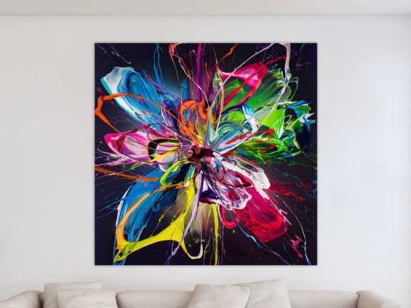 Original Gemälde abstrakt 150x150cm Action Painting expressionistisch handgemalt Mischtechnik schwarz bunt blau einzigartig
