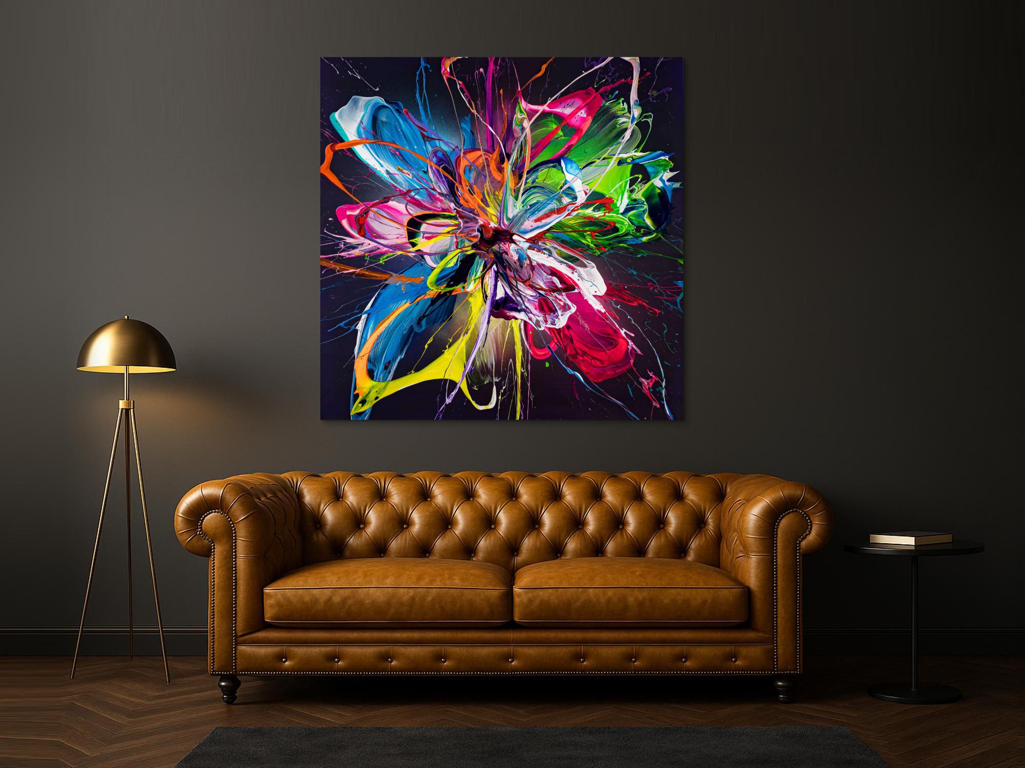 Original Gemälde abstrakt 150x150cm Action Painting expressionistisch handgemalt Mischtechnik schwarz bunt blau einzigartig