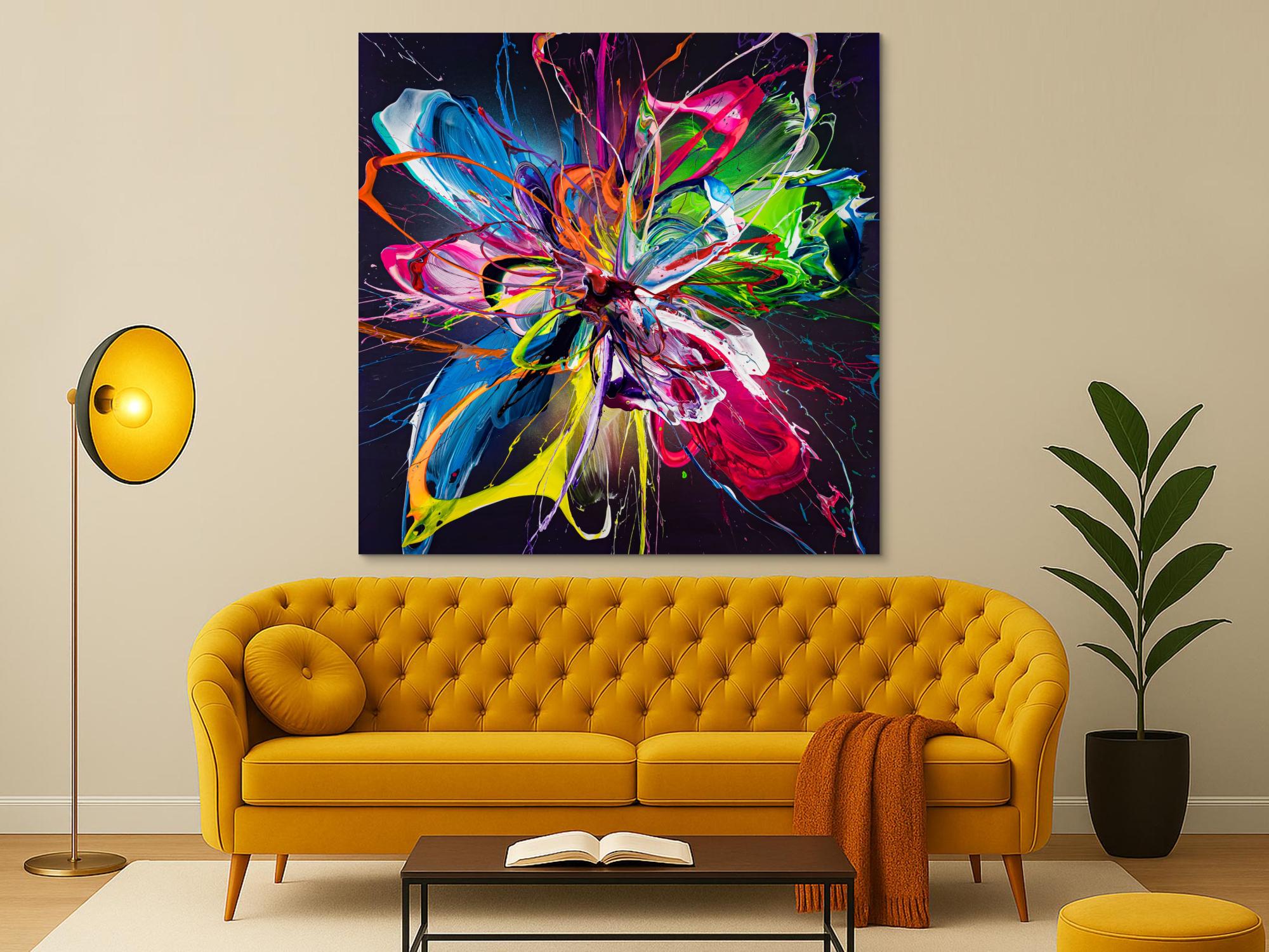 Original Gemälde abstrakt 150x150cm Action Painting expressionistisch handgemalt Mischtechnik schwarz bunt blau einzigartig