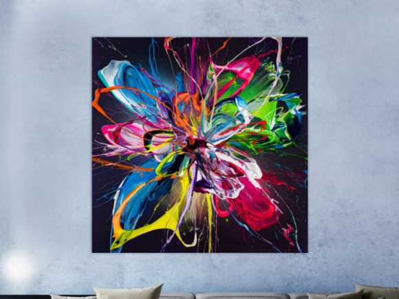 Original Gemälde abstrakt 150x150cm Action Painting expressionistisch handgemalt Mischtechnik schwarz bunt blau einzigartig