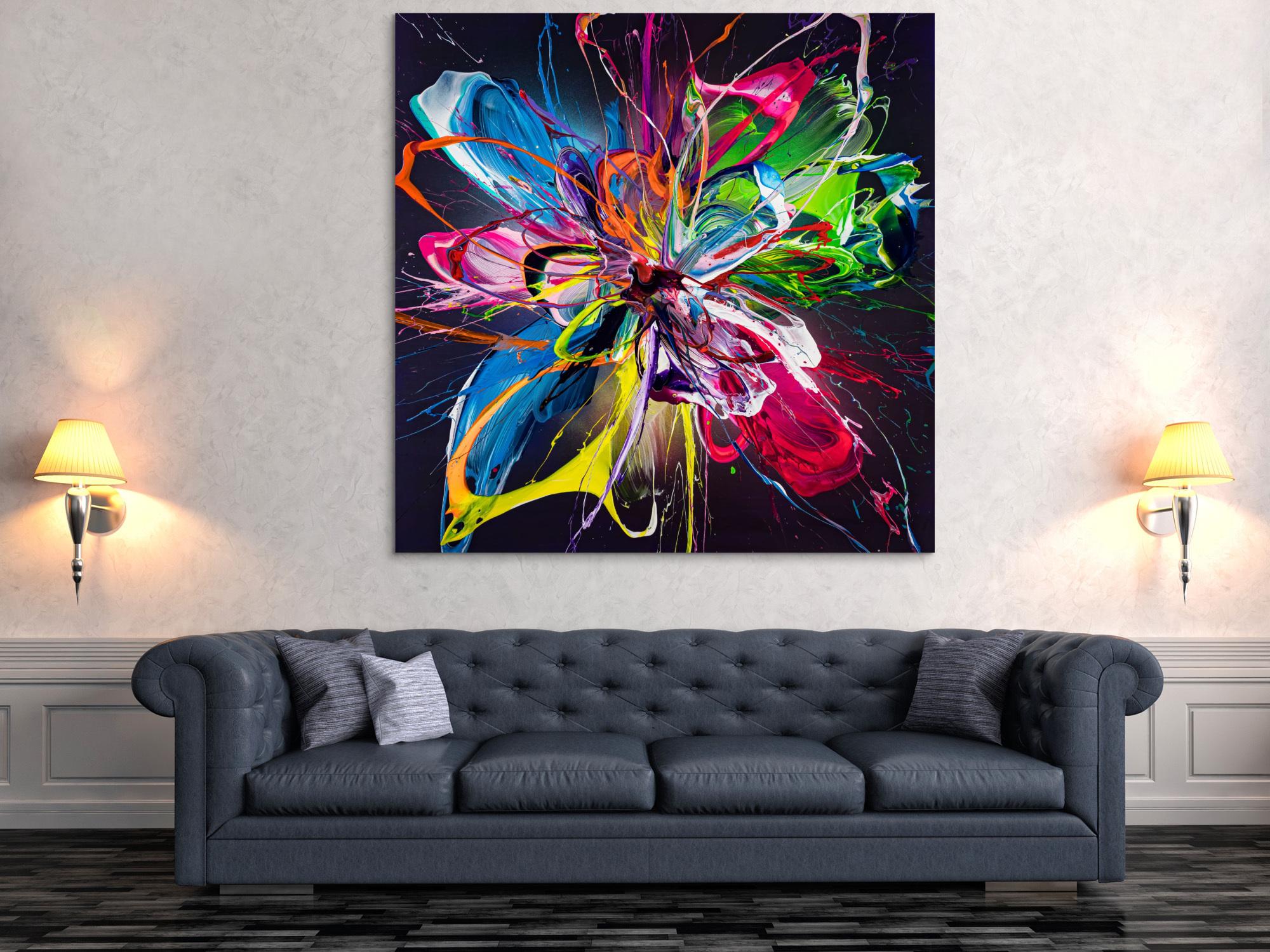 Original Gemälde abstrakt 150x150cm Action Painting expressionistisch handgemalt Mischtechnik schwarz bunt blau einzigartig