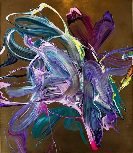 Gemälde Original abstrakt 150x130cm Action Painting Moderne Kunst handgefertigt Mischtechnik gold violett rosa